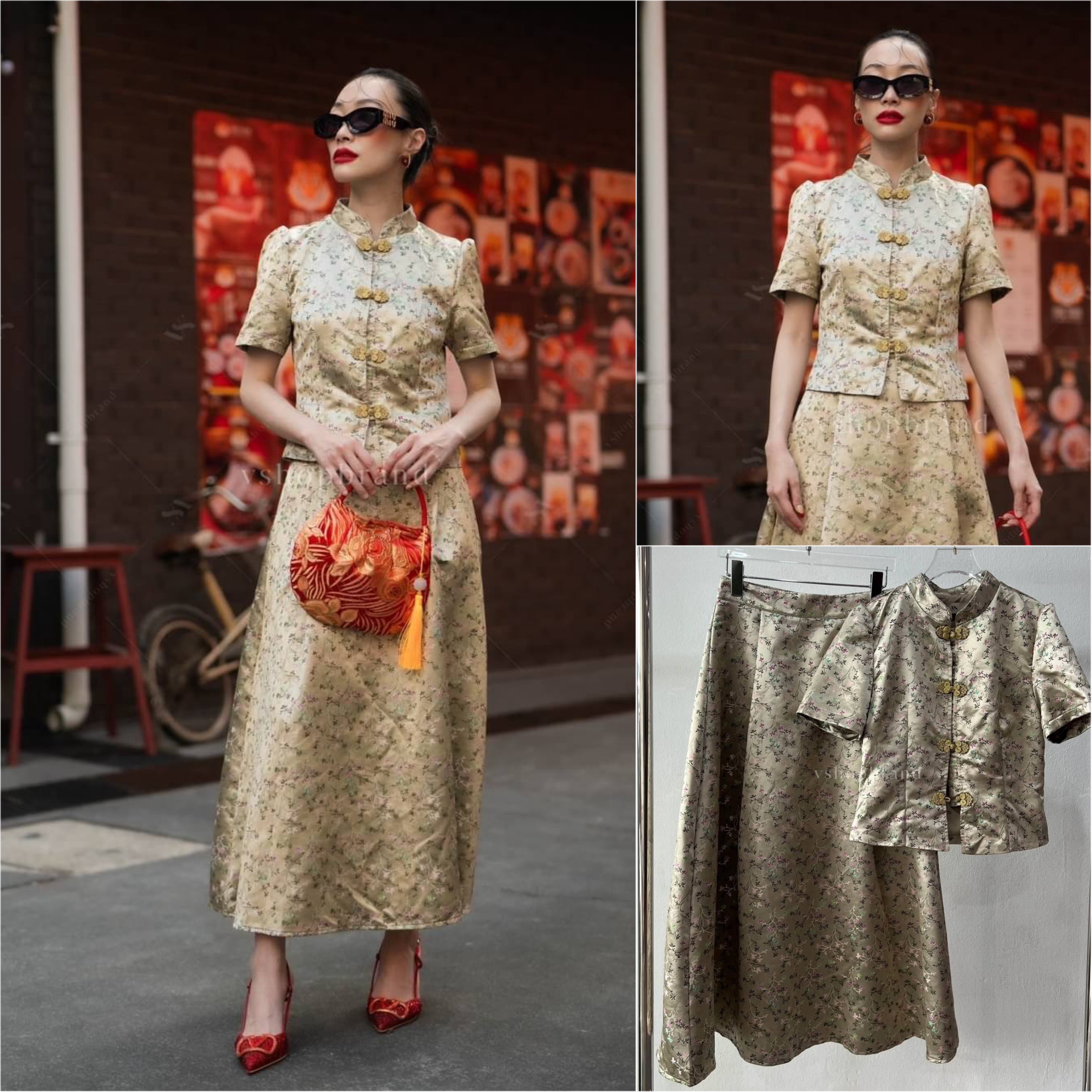 Set กี่เพ้า เสื้อกระดุมหน้าลายดอกไม้เรื่อย + กระโปรงยาวจับจีบ ใส่สบาย : สินค้าคุณภาพ (พร้อมส่ง)