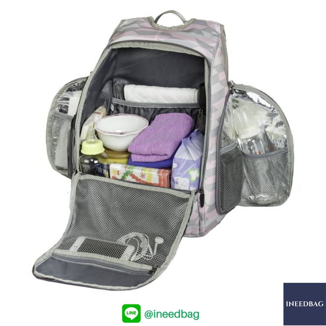 Ecosusi กระเป๋าคุณแม่ กระเป๋าสัมภาระคุณแม่ กระเป๋าแม่ลูกอ่อน แบบเป้ มาพร้อมแผ่นรองเปลี่ยนผ้าอ้อม, สายคล้องรถเข็น, ช่องเก็บความร้อน-เย็น (Pink Chevron)