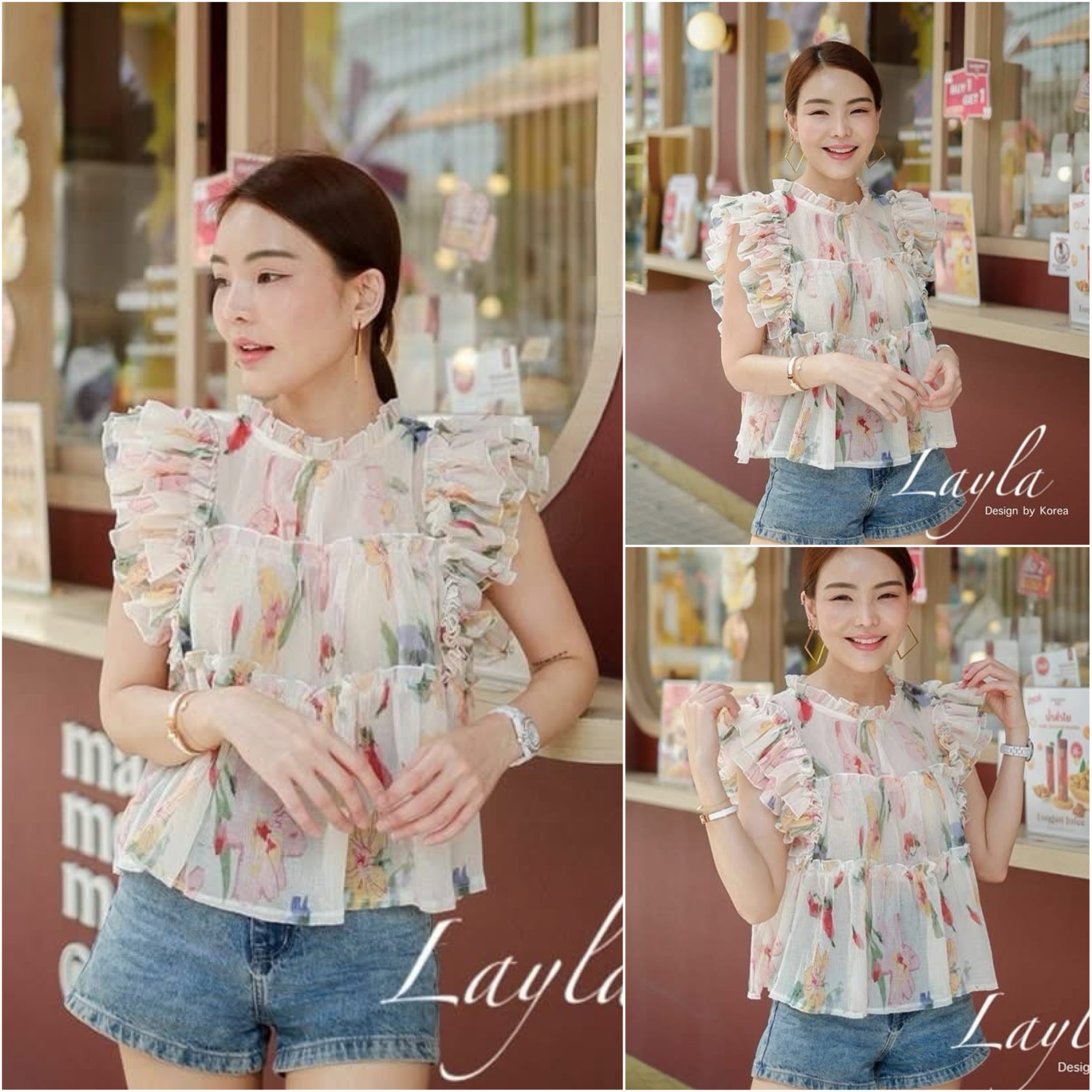 เสื้ออัดริ้วลายดอกไม้สีหวาน ทรงน่ารักๆ ระบายชั้นๆ ใส่สบาย : สินค้าคุณภาพ (พร้อมส่ง)