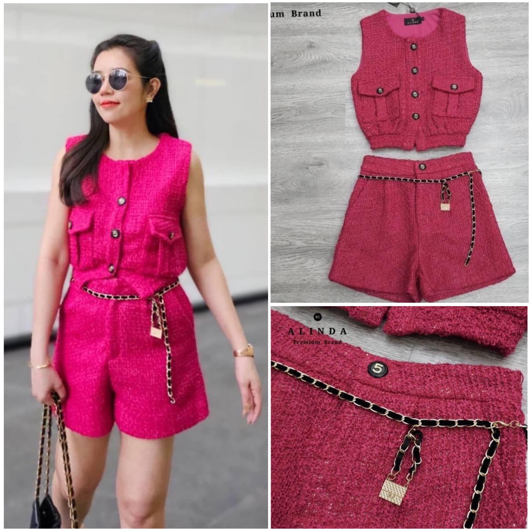 ชุดเซ็ท 3 ชิ้น เสื้อผ้าทวิต แขนกุด กระดุมหน้าอย่างส๊วยยยย มาพร้อมกางเกง ขาสั้น และเข็มขัด สินค้าคุณภาพ (พร้อมส่ง)