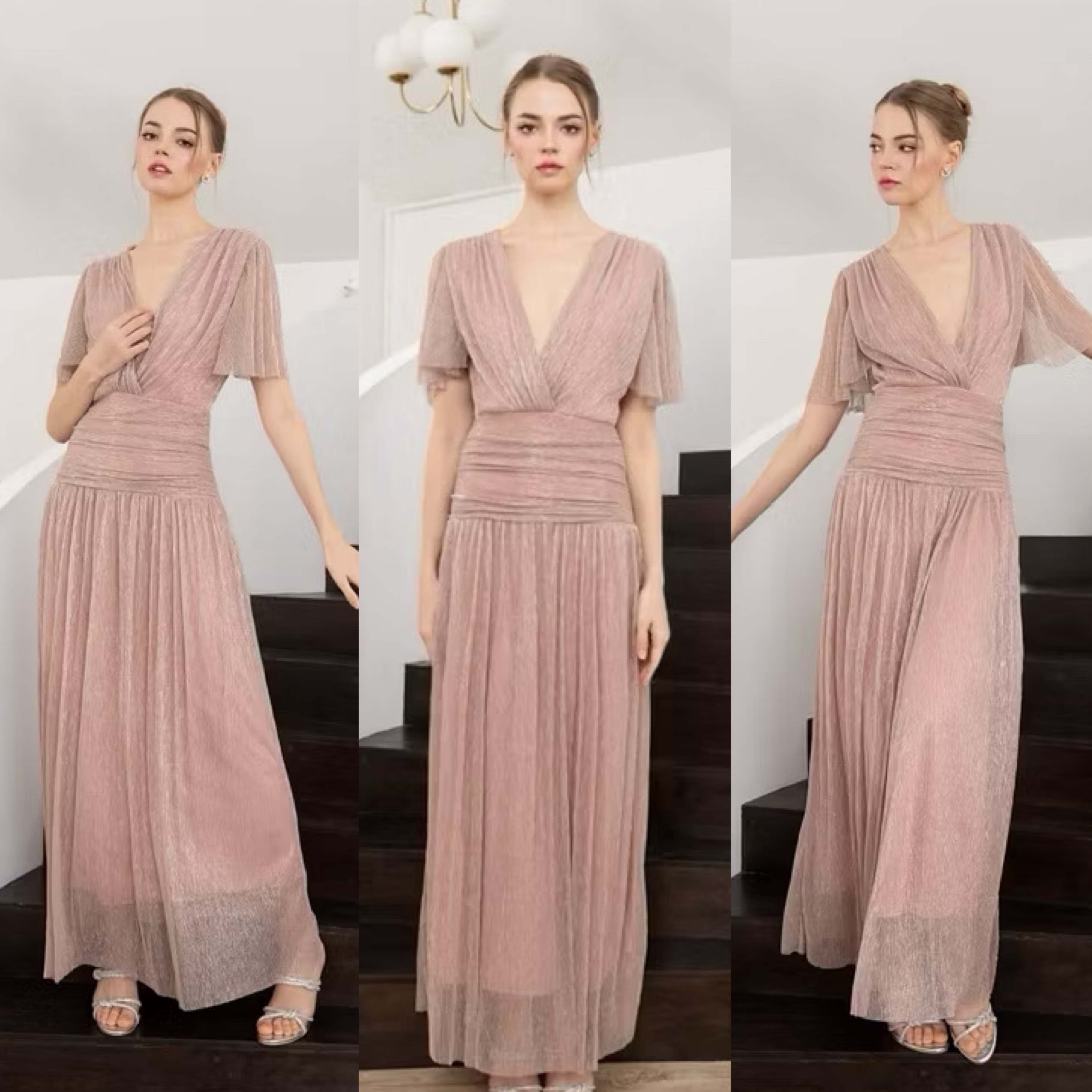 แม็กซี่เดรสเสื้อคอวีป้าย แขนระบาย กระโปรงจับเดรปเข้ารูปตรงสะโพก ต่อชาย กระโปรงบาน ใส่สบาย : สินค้าคุณภาพ (พร้อมส่ง)