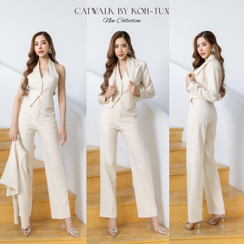 เซตBLAZER 3 ชิ้น ตัวBLAZER เป็นทรงครอปทรงเข้ารูป ด้านในมีซับ +เสื้อvestคล้องคอ+กางเกงเป็นทรงขากระบอก เนื้อผ้ามีเทคเจอร์เป็นลายริ้วในตัว ใส่สบาย สินค้าคุณภาพ (พร้อมส่ง)