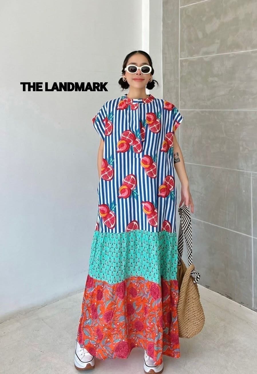 เดรสผ้าบล็อคคอทตอลอินเดีย ดีไซน์คอกลม แขนล้ำ ต่อระบาย มีกระเป๋าล้วง ☆งานเก๋มีสไตล์ ตัดต่อลายผ้า ใส่สบาย : สินค้าคุณภาพ (พร้อมส่ง)