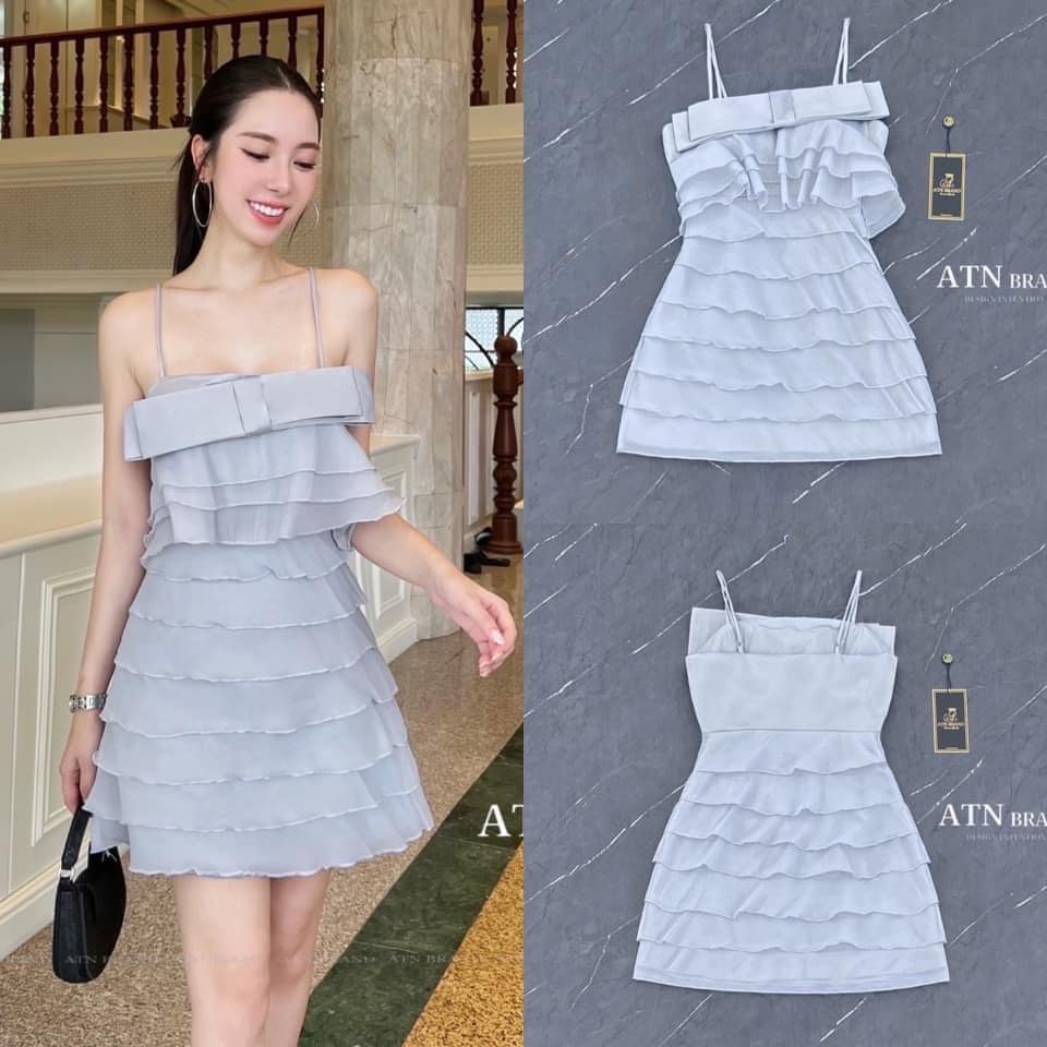 มินิเดรสสายเดี่ยวแต่งระบาย สีเทาอมฟ้า ทรงสวย ใส่สบาย สินค้าคุณภาพ (พร้อมส่ง)