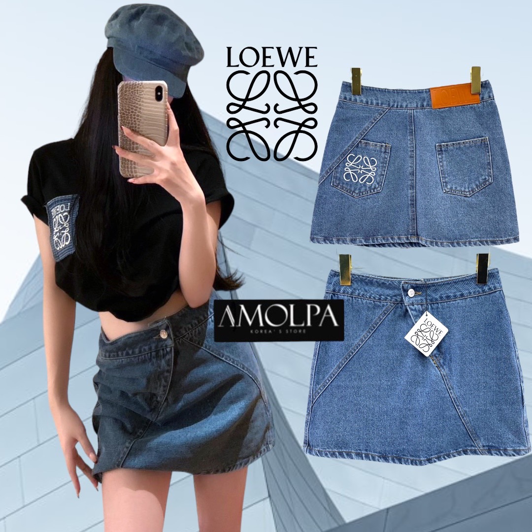 SET LOEWE งานใหม่ 2024SS ตัวเสื้อแขนสั้นแต่งผ้ายีนส์ที่หน้าอก มาพร้อม กระโปรงยีนส์ปักLOGO LOEWE ด้านหลัง ใส่เข้ากันลง ใส่สบาย สินค้าคุณภาพ (พร้อมส่ง)