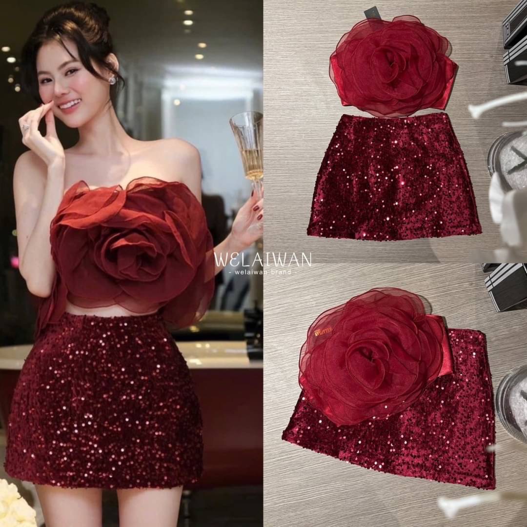 ชุดเซทสวยแพงสีเเดงไวน์ ใส่สบาย : สินค้าคุณภาพ (พร้อมส่ง)