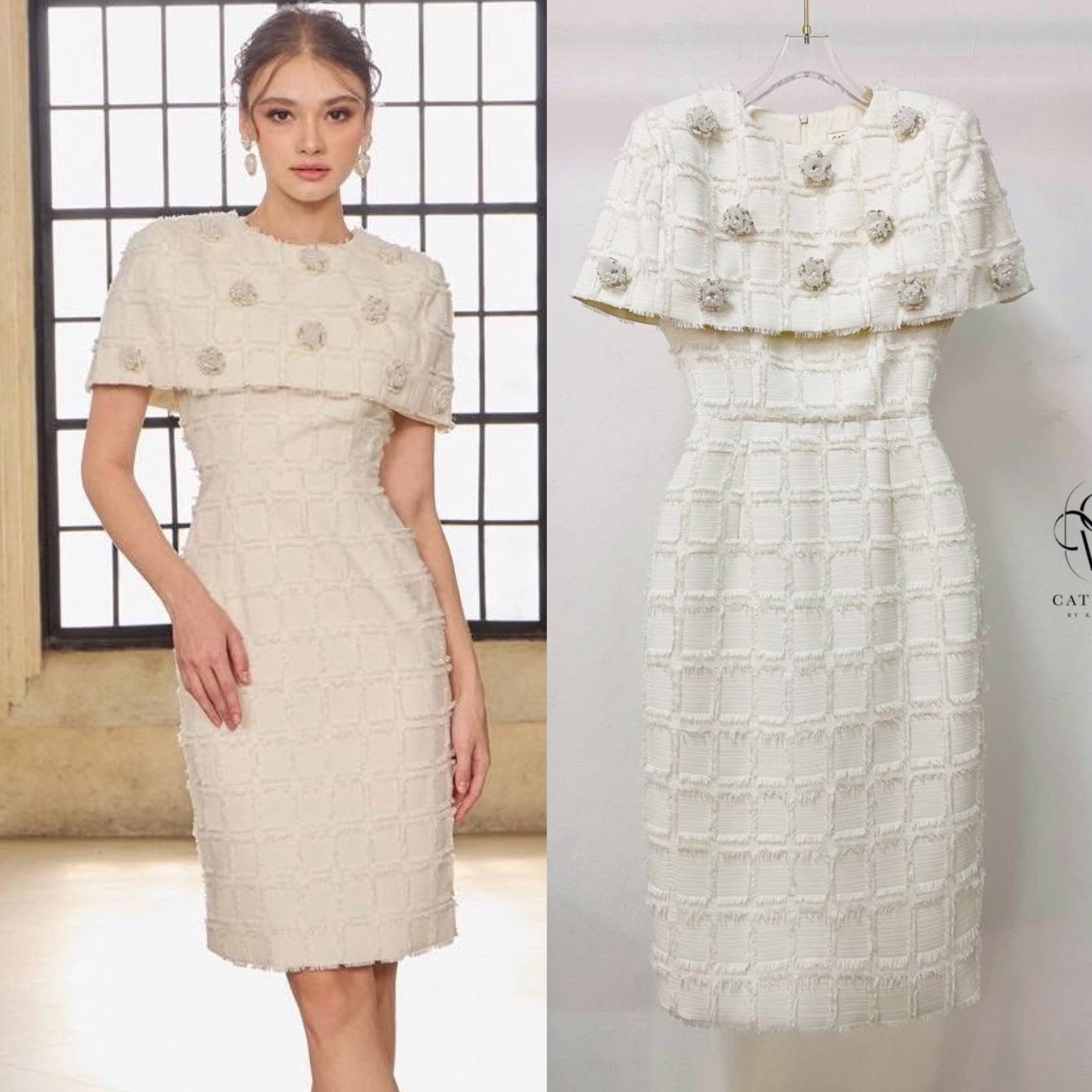 เดรสผ้าทอคลุมไหล่แต่ดอกไม้ เนื้อผ้าทอลายตารางเกรดเอ เนื้อนุ่มใส่สบาย ตัวชุดเป็นทรงเข้ารูป ใส่สบาย : สินค้าคุณภาพ (พร้อมส่ง)