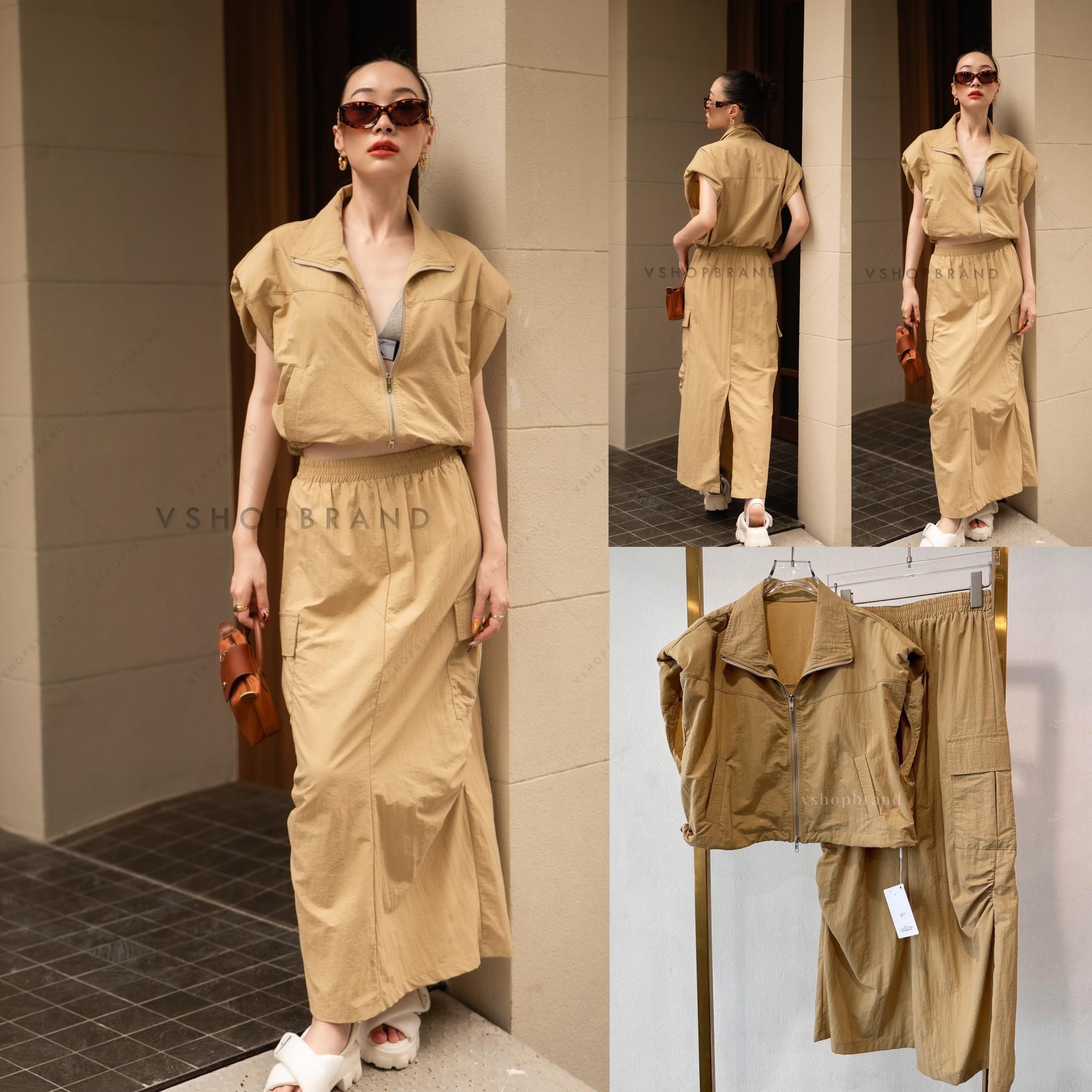 Set เสื้อแขนกุดเสริมบ่า + กระโปรงทรงคาร์โก้ สินค้าคุณภาพ (พร้อมส่ง)