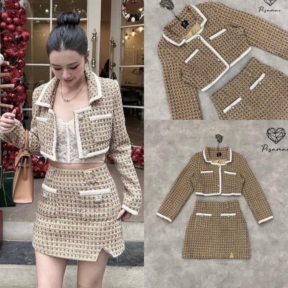 เซ็ตเสื้อผ้าทวิตลายสีเขียวมาคู่กับกระโปรงสอบตัวสั้น ดีเท็ลติดแต่งโบว์น่ารักๆ ใส่สบาย : สินค้าคุณภาพ (พร้อมส่ง)