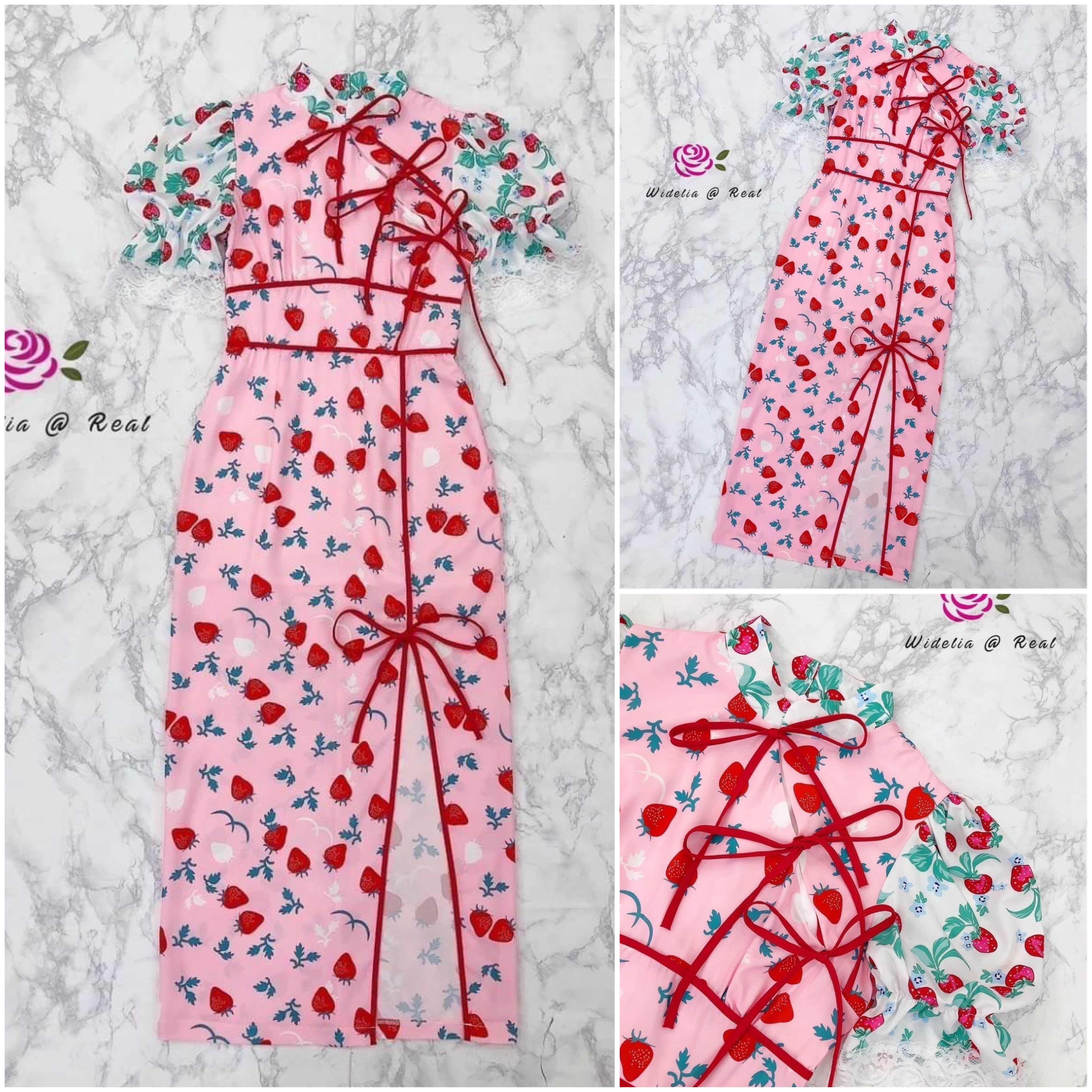 Dress เดรสกี่เพ้าตัวยาวแสนสวยช่วงแขน พองสลับสี ตัวเดรสกุ๊นขอบแดง ชายเดรสผ่าข้าง ใส่สบาย สินค้าคุณภาพ (พร้อมส่ง)