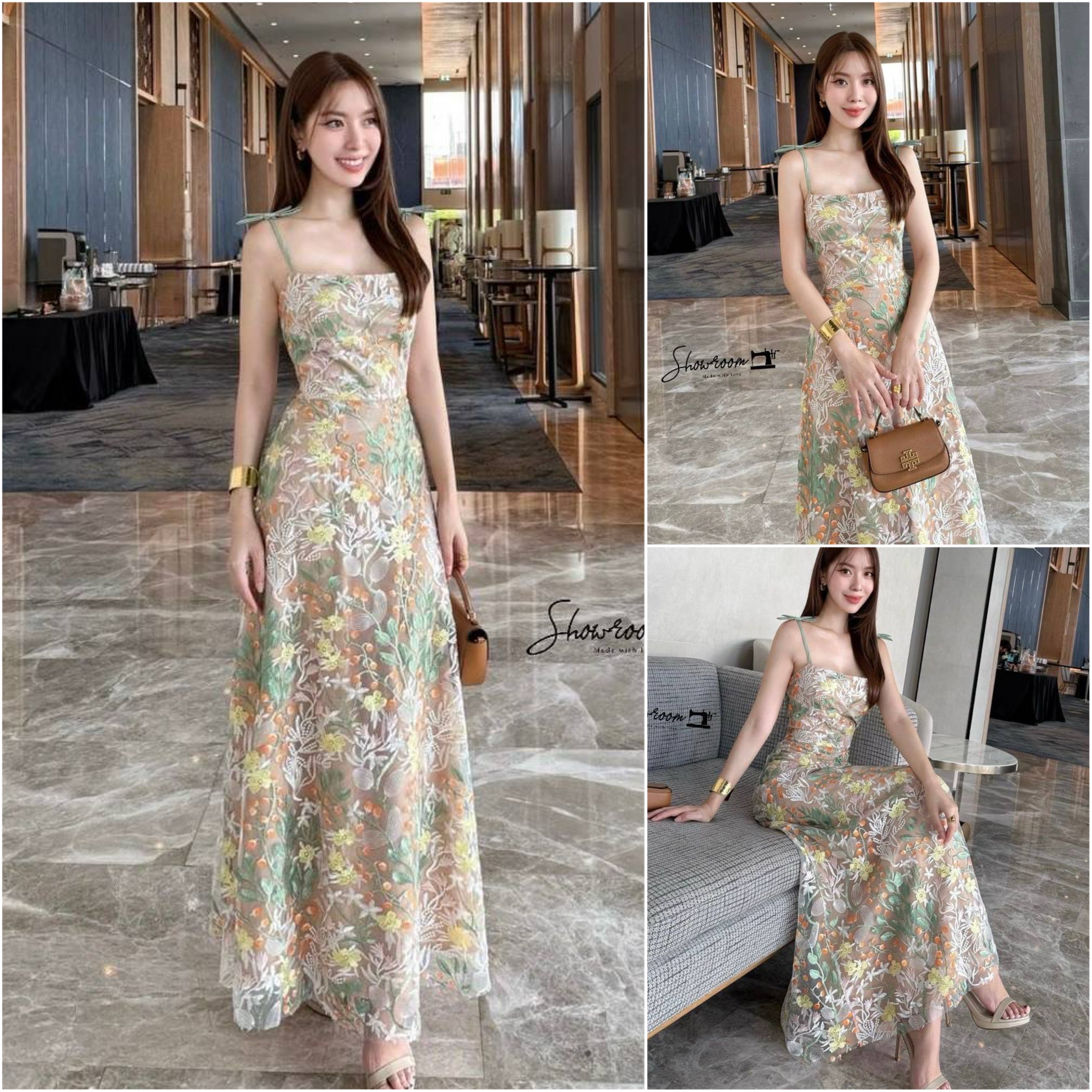 เดรสลูกไม้ทอลายทรงสายเดี่ยวลำตัวเข้ารูปกระโปรงจับจีบระบายแต่งโบว์ไหล่สุดหรู ใส่สบาย : สินค้าคุณภาพ (พร้อมส่ง)