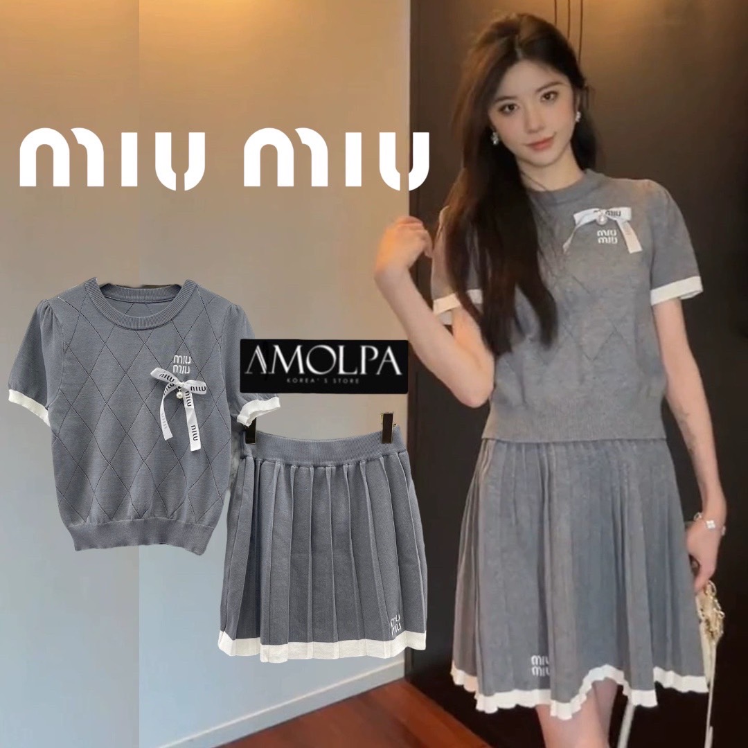 SET MIU MIU KNITT เสื้อแขนสั้น ไหมพรมสีสวย มาพร้อมกระโปรงจีบรอบ จัดดด่วน งานสวย สินค้าคุณภาพ (พร้อมส่ง)