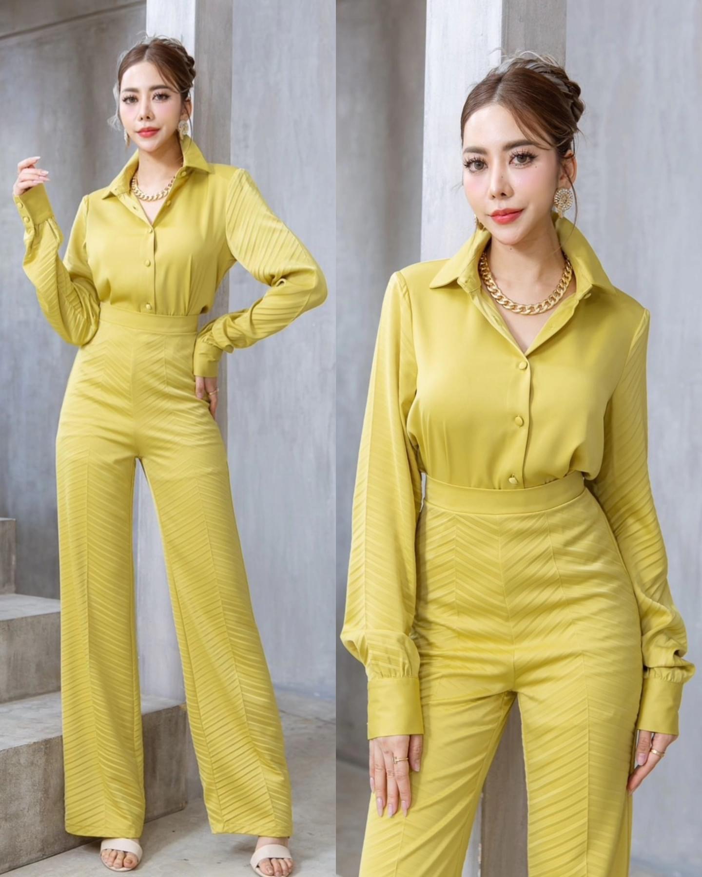 เซตเสื้อเชิ้ตผ้าเครปอัดพลีท+กางเกงทรงสวย เนื้อผ้าเครปกึ่งเงาเกรดเอ ใส่สบาย สินค้าคุณภาพ (พร้อมส่ง)