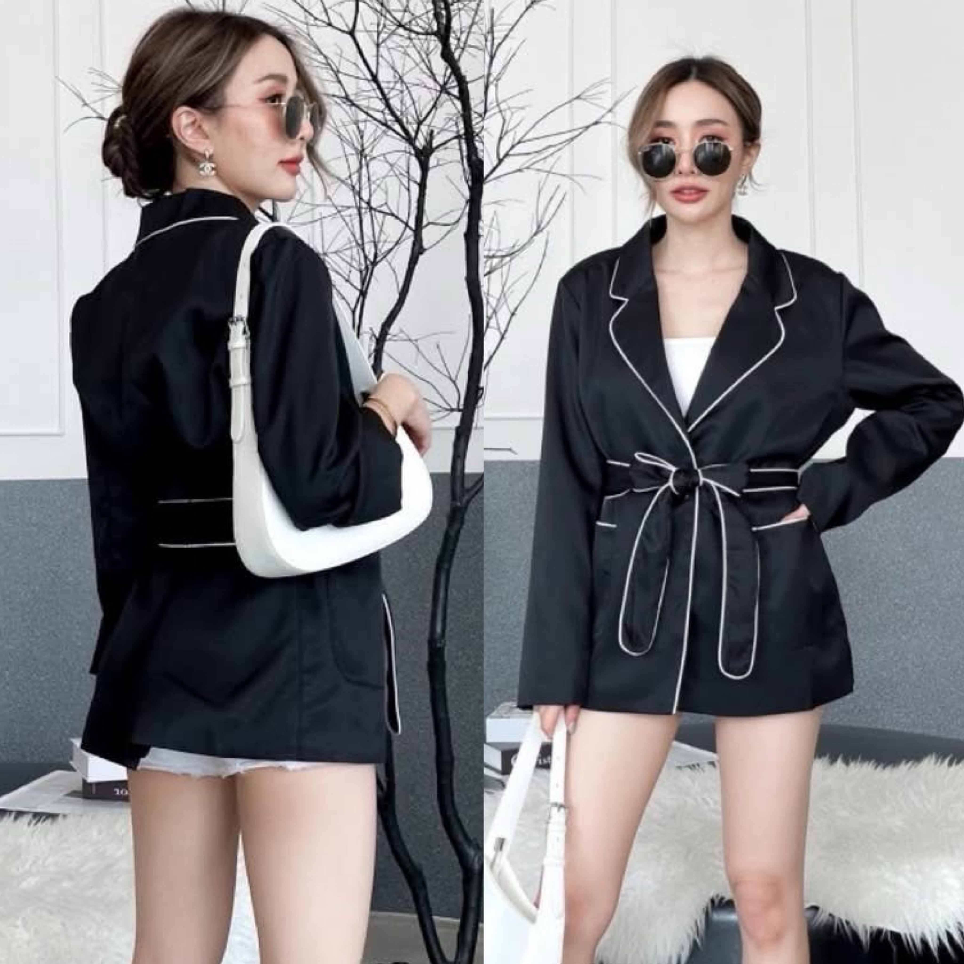 เสื้อคลุมผ้าสูทโพลีเอสเตอร์ เย็บกลับซับในผ้าลื่นทั้งตัว ขอบสีสลับ งานดีไซน์เก๋ แถมเชือกผูกเอว ใส่สบาย : สินค้าคุณภาพ (พร้อมส่ง)