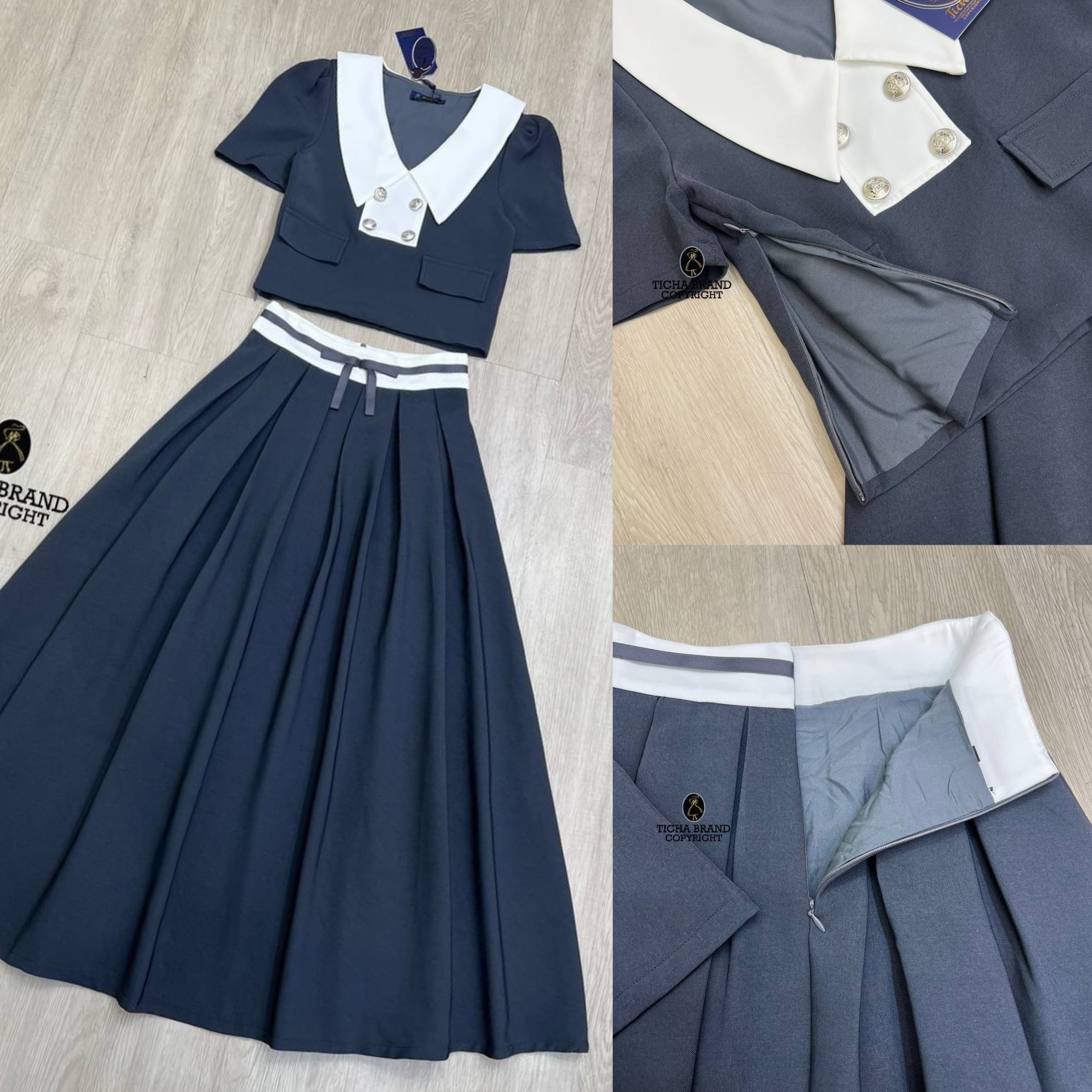 set2ชิ้น เสื้อครอปแขนสั้นคอปก มาคู่กับกระโปรงจับจีบพองนิดๆ งานซิปหลัง สวมใส่ง่ายใส่สบาย เย็บซับในอย่างดี สินค้าคุณภาพ (พร้อมส่ง)