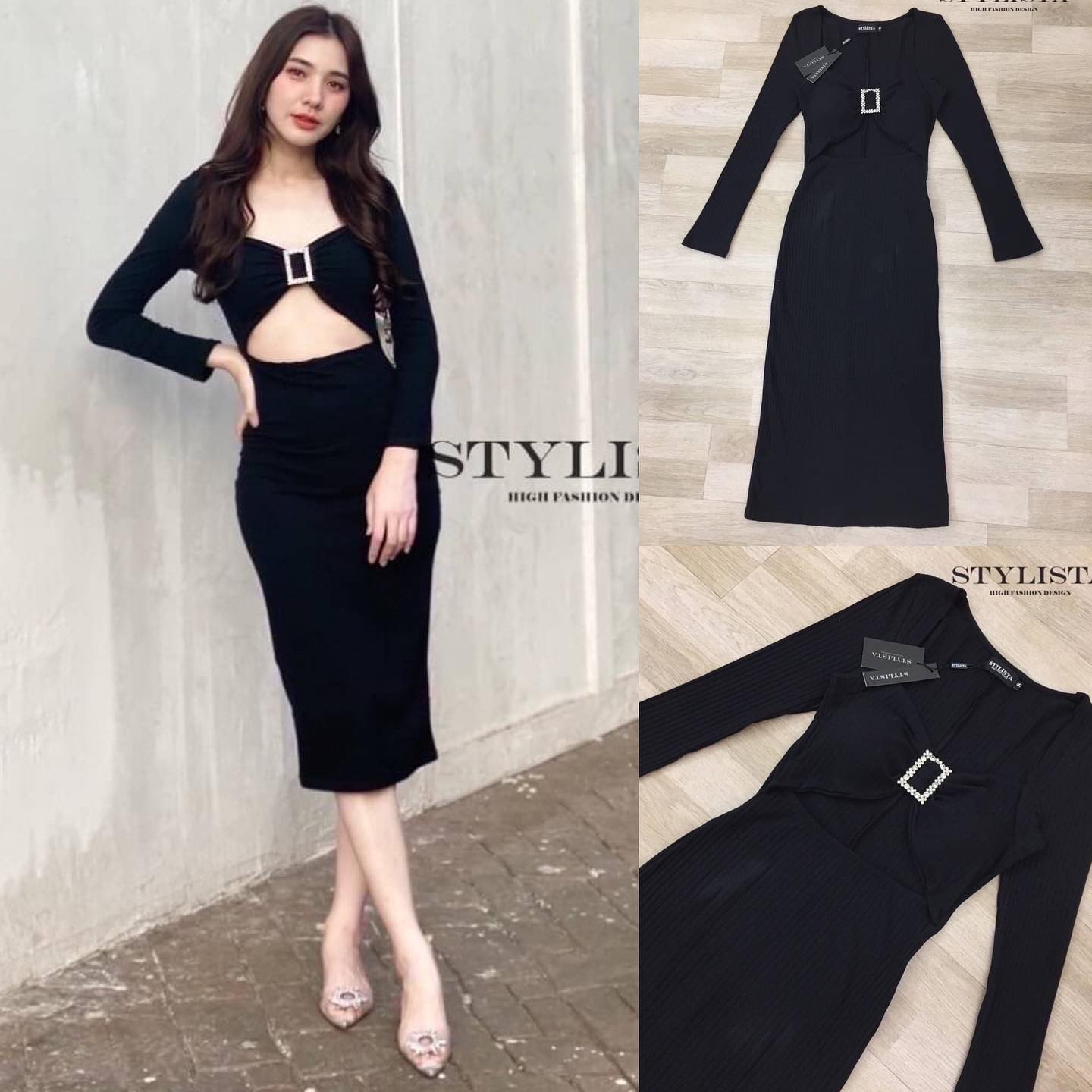 เดรสเเขนยาว เว้าช่วงหน้าท้อง เเต่งเพชรช่วงอก ทรงพอดีตัว ใส่สวยมากๆ ดูดีเหมือนเซเลปเลยค่ะ สินค้าคุณภาพ (พร้อมส่ง)