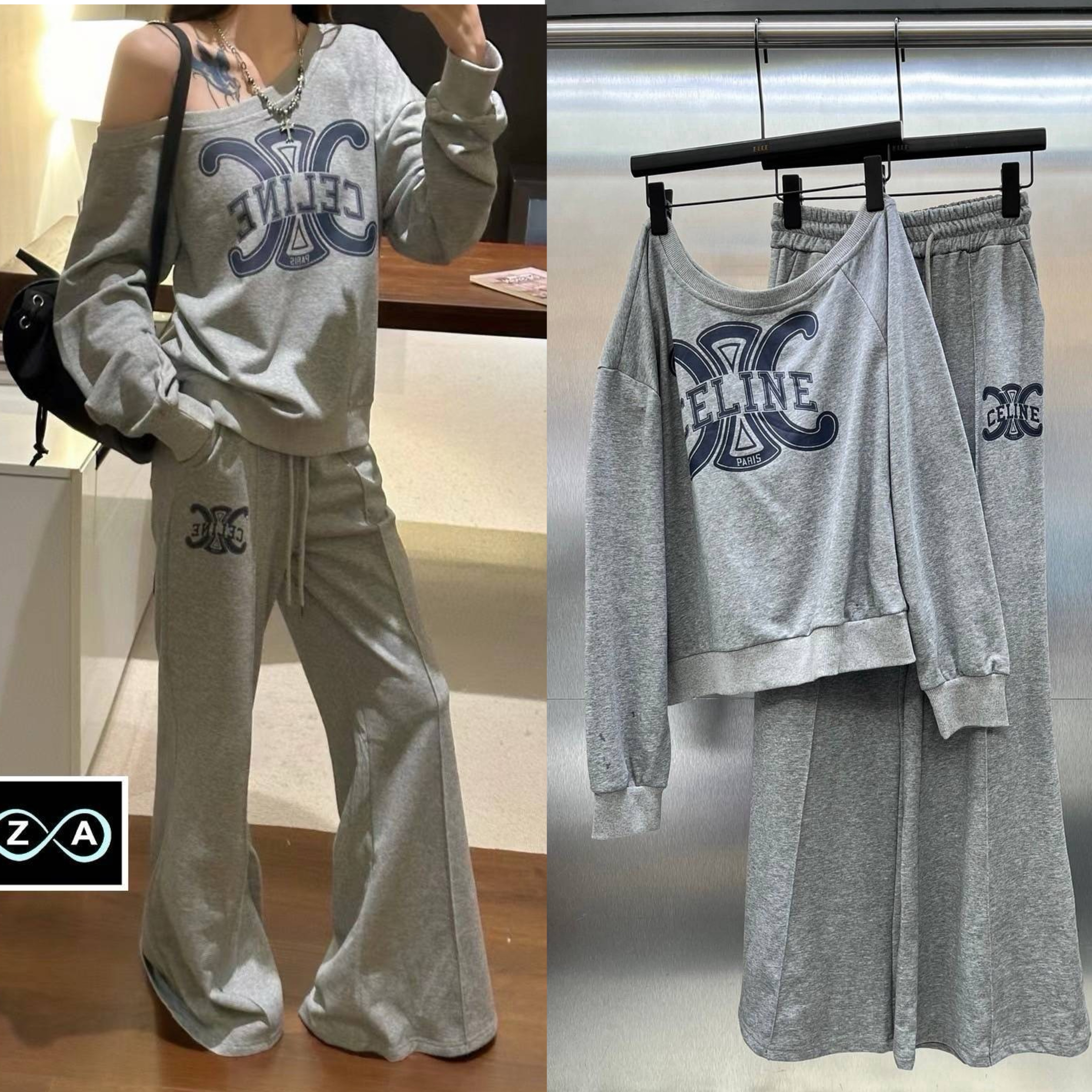 ชุดเซต เสื้อสเวตเตอร์ ปาดไหล่ ลายLogo สวยเกร๋ เข้าชุดกางเกง ทรงสวย ผ้าใส่สบาย งานสวยไฮเอ็น ใส่สบาย : สินค้าคุณภาพ (พร้อมส่ง)