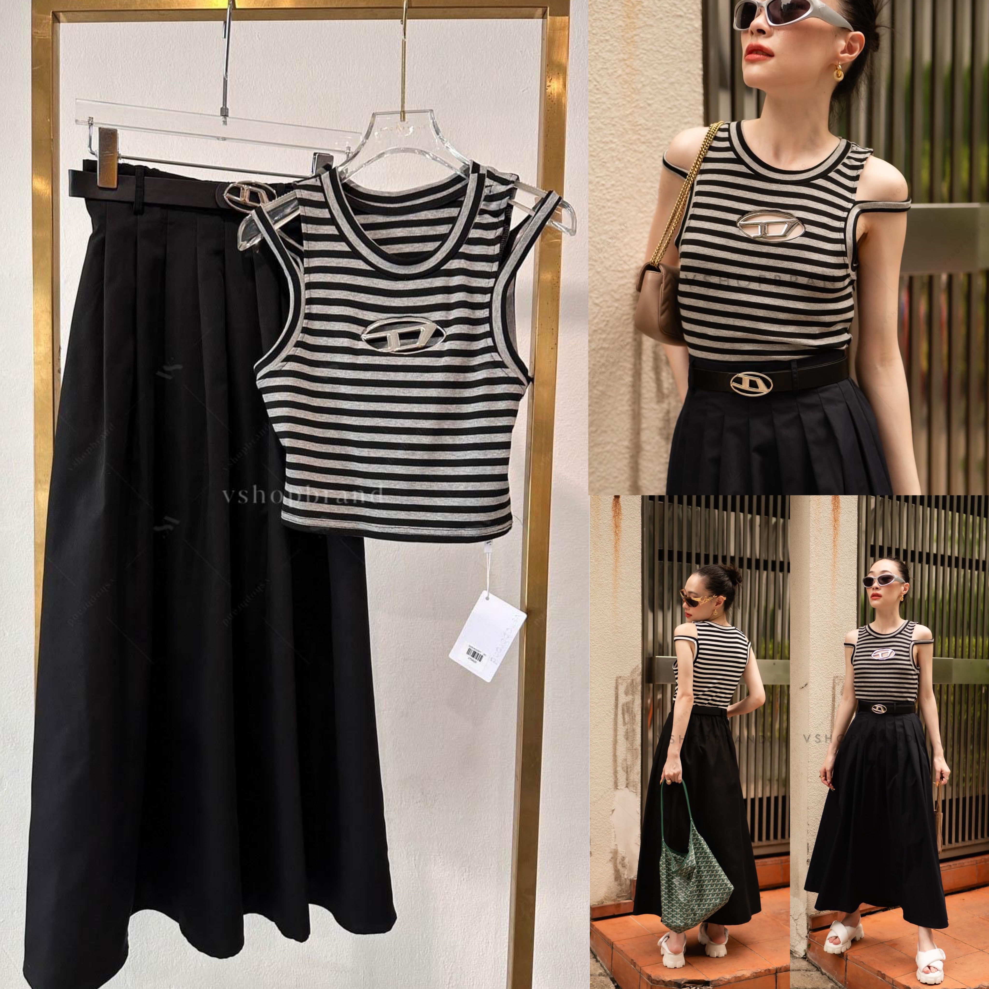 Set เสื้อกล้ามริ้วดีเซล + กระโปรงยาว + เข็มขัด สินค้าคุณภาพ (พร้อมส่ง)