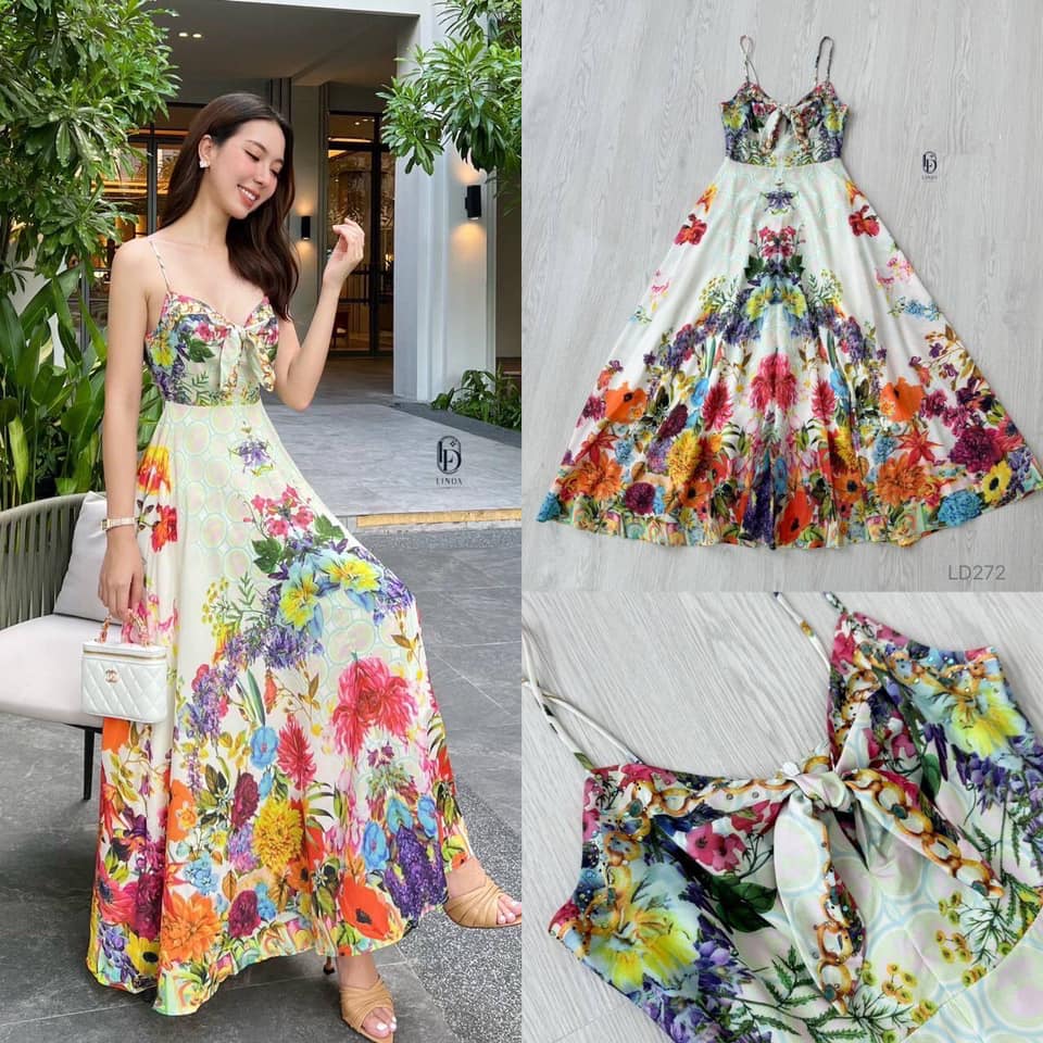 ชุดเดรสยาว แต่งโบว์ ผูกตรงหน้าอก ปลายๆโบว์แต่งแพชร ใส่สบาย : สินค้าคุณภาพ (พร้อมส่ง)