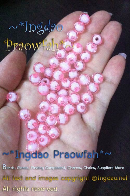 5038pk ลูกปัดอะครีลิคกลมตัดเหลี่ยมสอดใส้ลูกปัดกลมขาว ขนาด 8 มิล. สีชมพู (10 กรัม/40 ชิ้น)