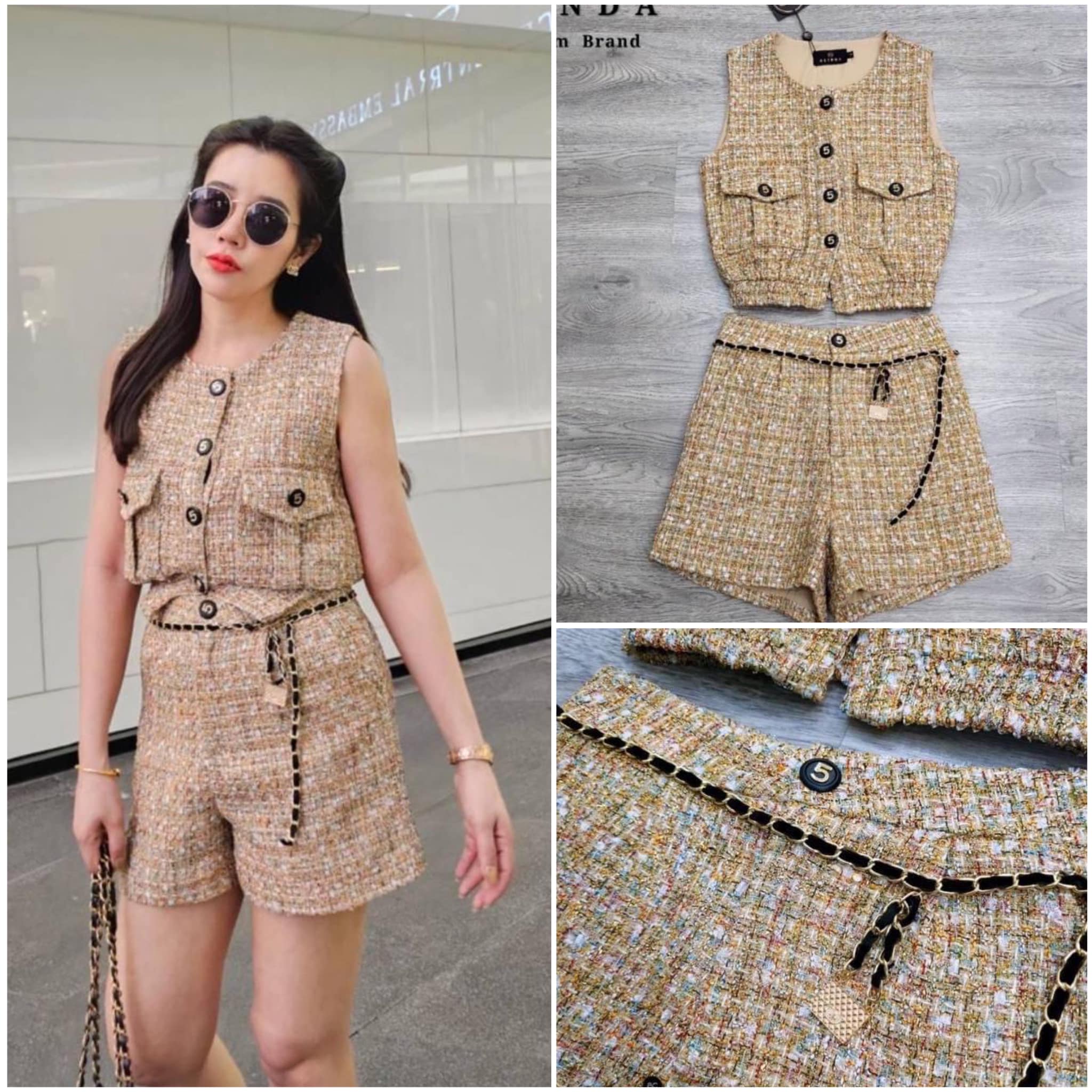 ชุดเซ็ท 3 ชิ้น เสื้อผ้าทวิต แขนกุด กระดุมหน้าอย่างส๊วยยยย มาพร้อมกางเกง ขาสั้น และเข็มขัด สินค้าคุณภาพ (พร้อมส่ง)