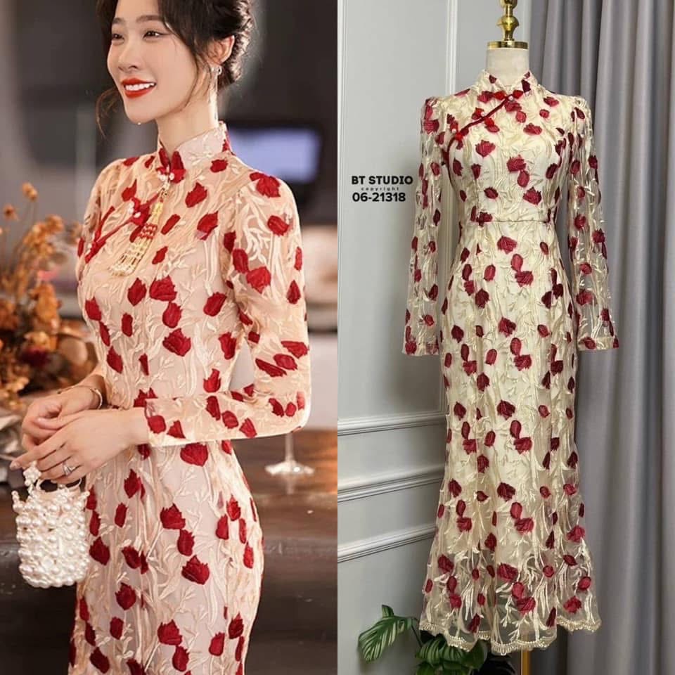 เดรสกี่เพ้า แขนสั้นช่วงปลายแขน แต่งสม็อค ตรงกลางแต่งคอจีนแต่งกระดุมจีน ไล่กัน 3 ชิ้น ผ่าหลัง งานเนื้อผ้าปักลายดอกไม้ สีแดง ใส่สบาย : สินค้าคุณภาพ (พร้อมส่ง)