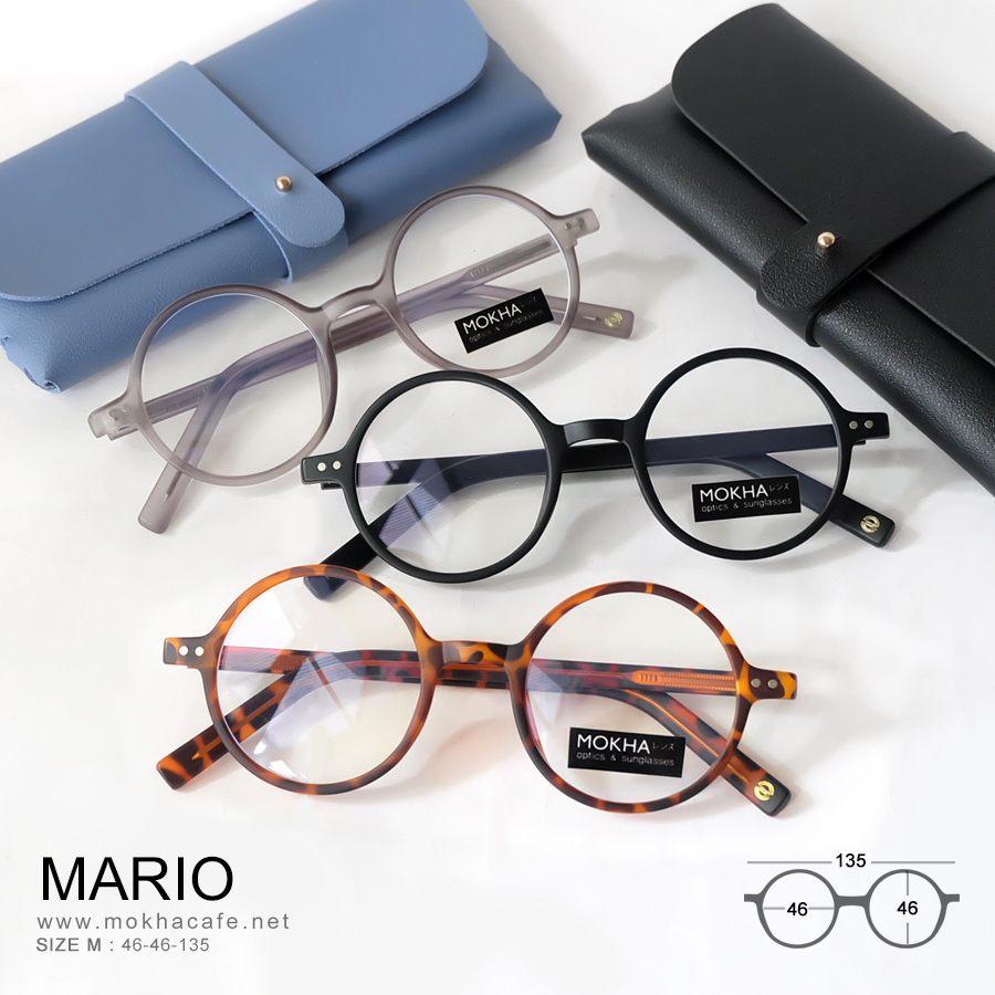 MARIO - black กรอบแว่นตา TR90 แว่นทรงกลม แกนขาโลหะ เหนียวทนทาน กว้าง 135 มม. (sizeM) H46