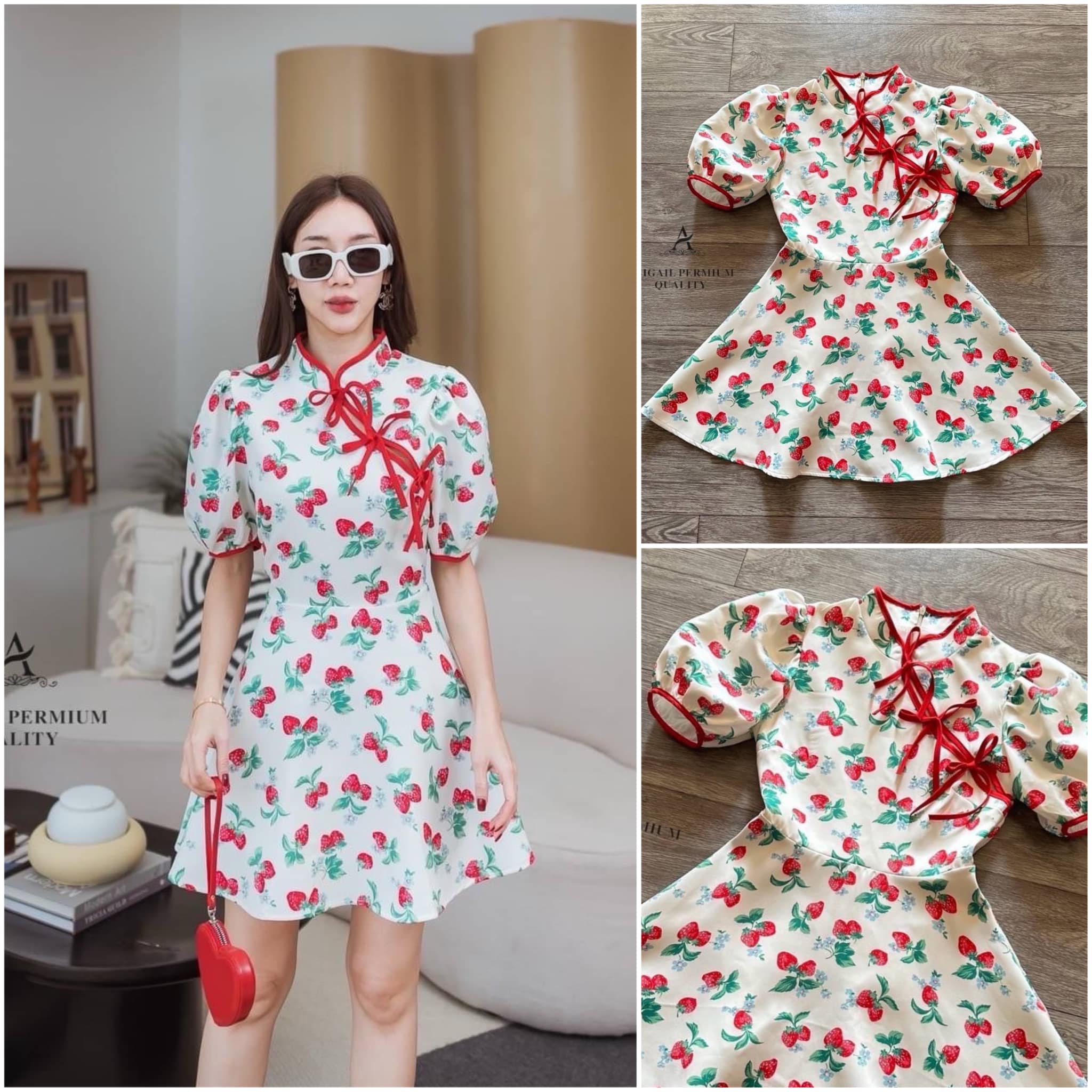 เดรสคอกุ๊นแขนตุ๊กตาตัวกระโปรงทรงบาน เนื้อผ้าพิมพ์ลาย(สตรอว์เบอรี่) ใส่สบาย สินค้าคุณภาพ (พร้อมส่ง)