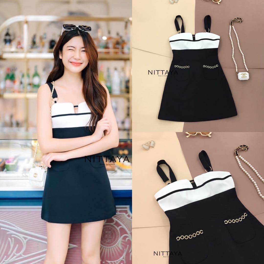 เดรสสายเดี่ยวทรูโทน อกวีมีความเซ็กซี่ เบาๆ ช่วงกระเป๋าแต่งด้วยห่วงเพชร สินค้าคุณภาพ (พร้อมส่ง)