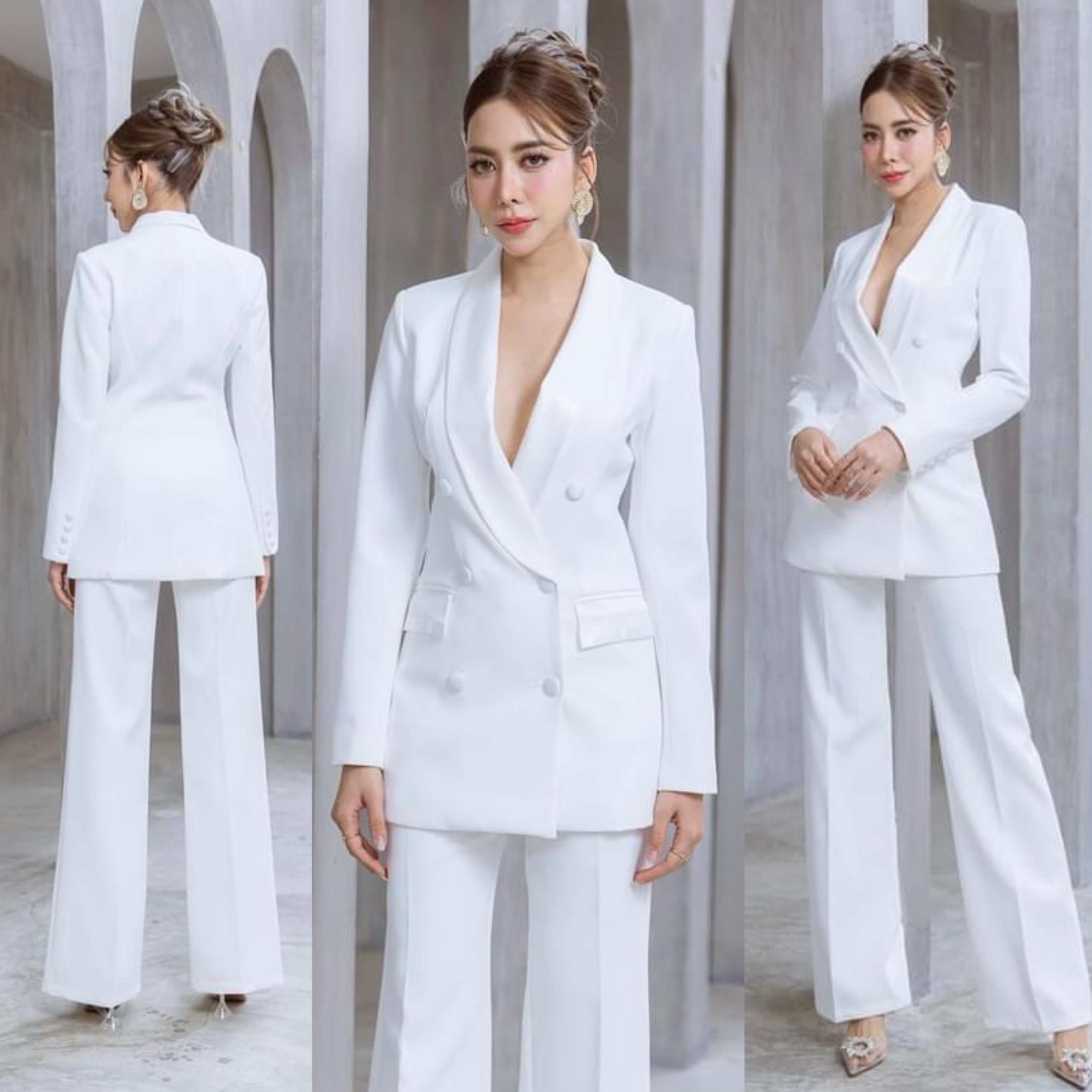 เซตสูทปกเลื่อม+กางเกงขาตรง เนื้อผ้าเกรดเอ เนื้อนุ่มเป็นทรงใส่สบาย สินค้าคุณภาพ (พร้อมส่ง)