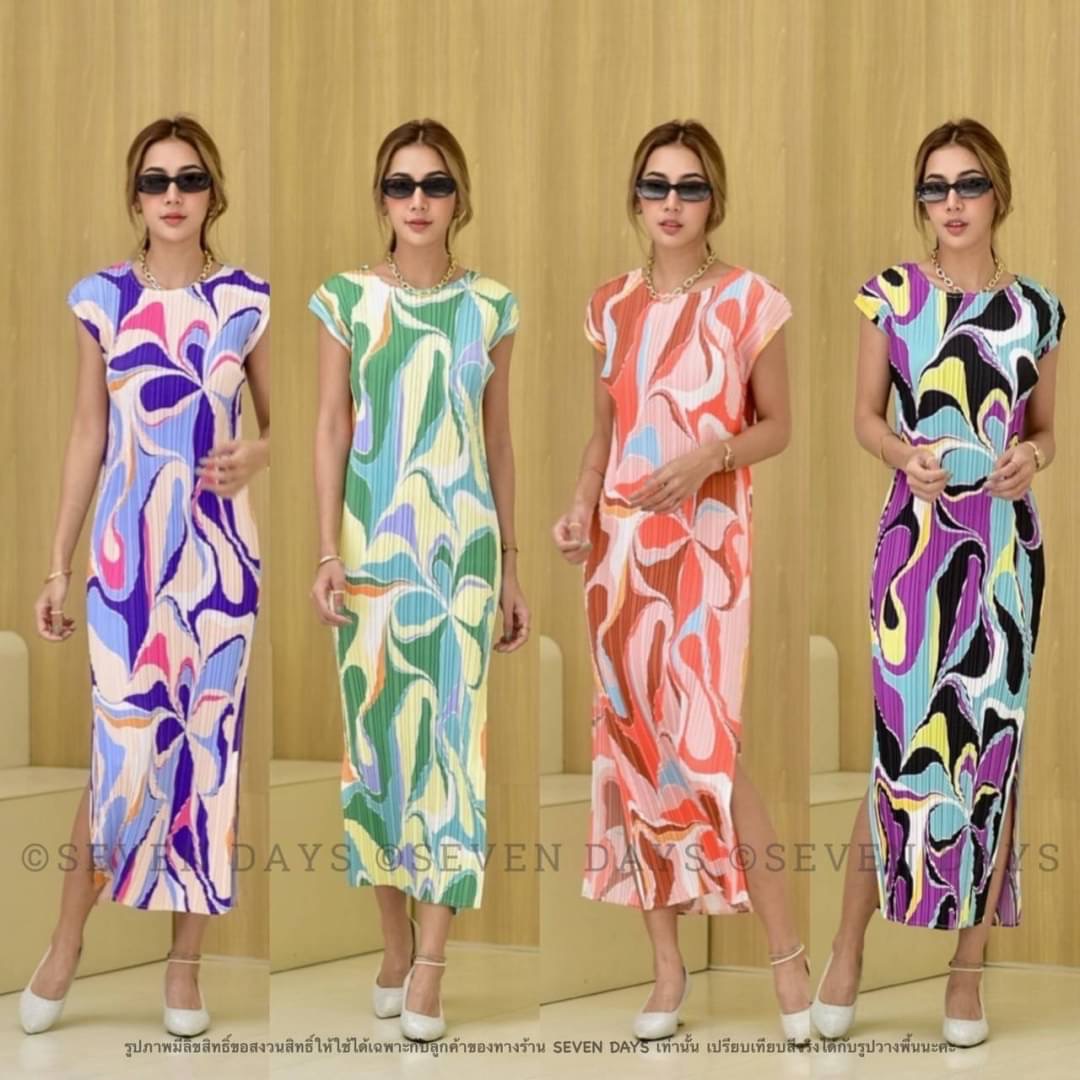 ชุดเดรสยาวผ้าอัดพลีททั้งตัวอย่างดี ลายกราฟิก หรูสวย เนื้อผ้าทิ้งตัวและอยู่ทรงตามแบบฉบับงาน แบรนด์ ใส่สบาย สินค้าคุณภาพ (พร้อมส่ง)