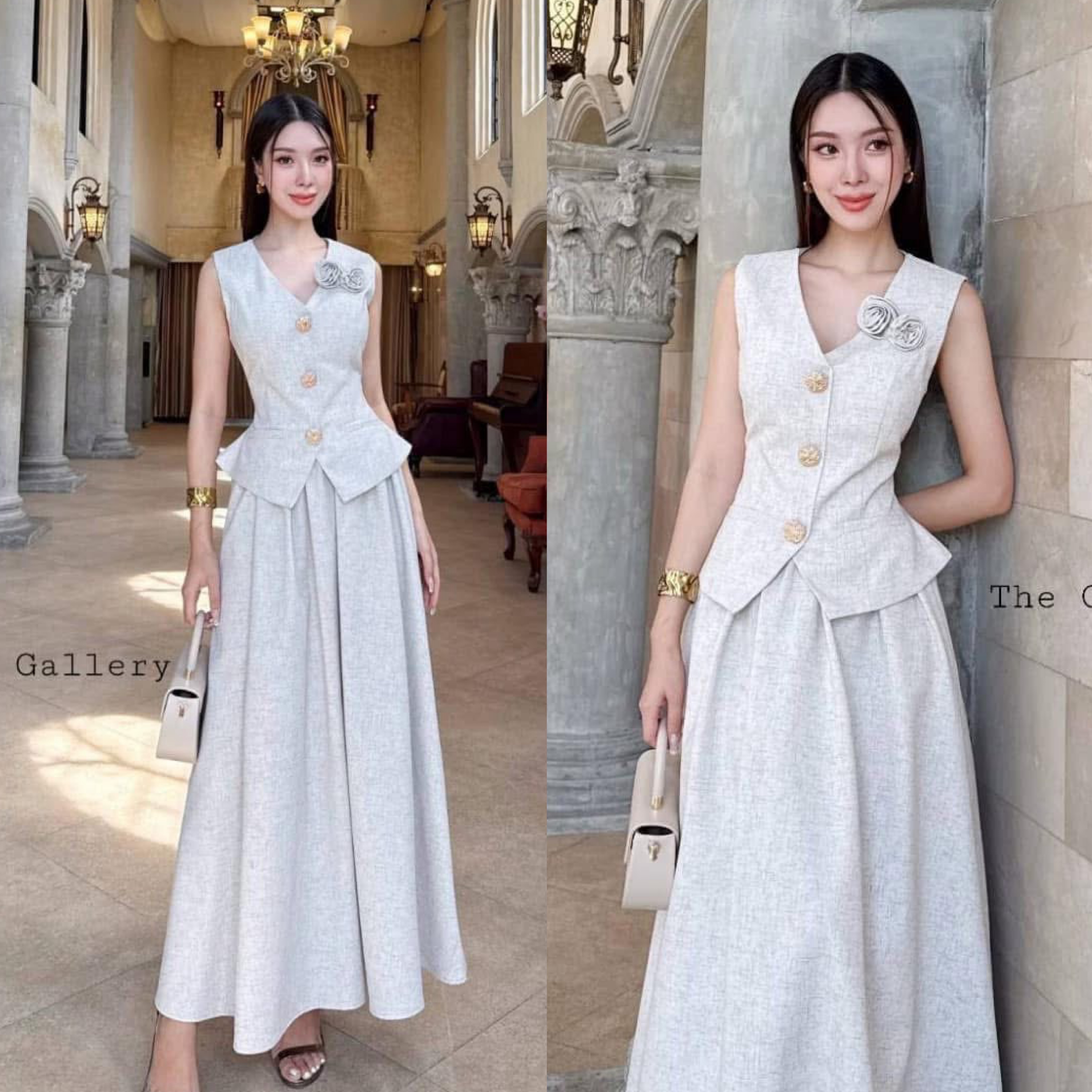 เซ็ต3 ชิ้น เสื้อทรงสวยเข้าเอวสุดๆแต่งกะดุมทองและเสริมฟองน้ำในตัว และกระโปรงยาว มาพร้อมเข็มกลัดดอกไม้เข้าชุด ใส่สบาย : สินค้าคุณภาพ (พร้อมส่ง)