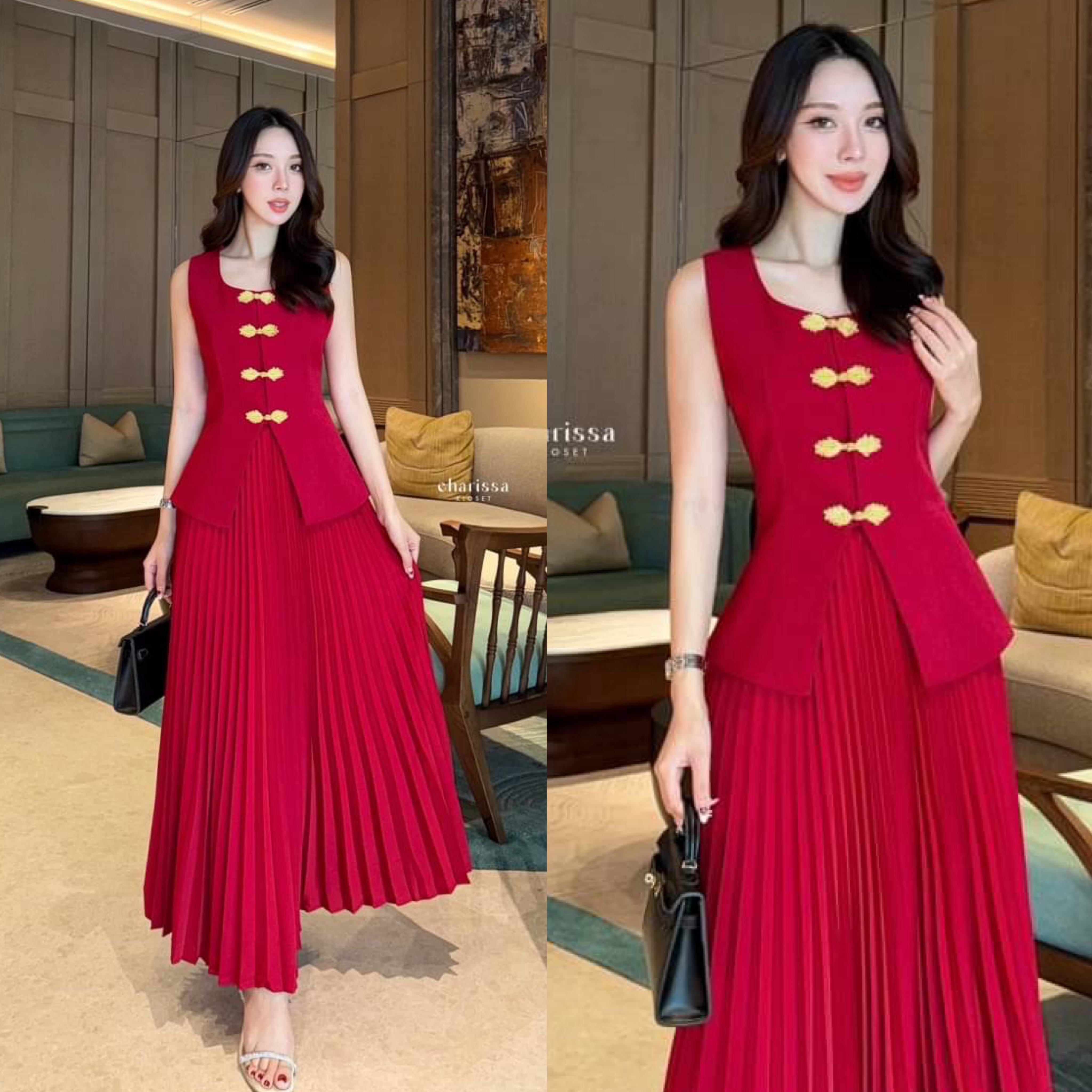 เซ็ทเสื้อแขนกุดผ้านุ่มมากกก กระดุมจริงสีทอง มีซับในทั้งชุด มาพร้อมกับกระโปรงพลีทยาวซิปข้าง เอวไม่สม้อคน๊า ใส่สบาย : สินค้าคุณภาพ (พร้อมส่ง)