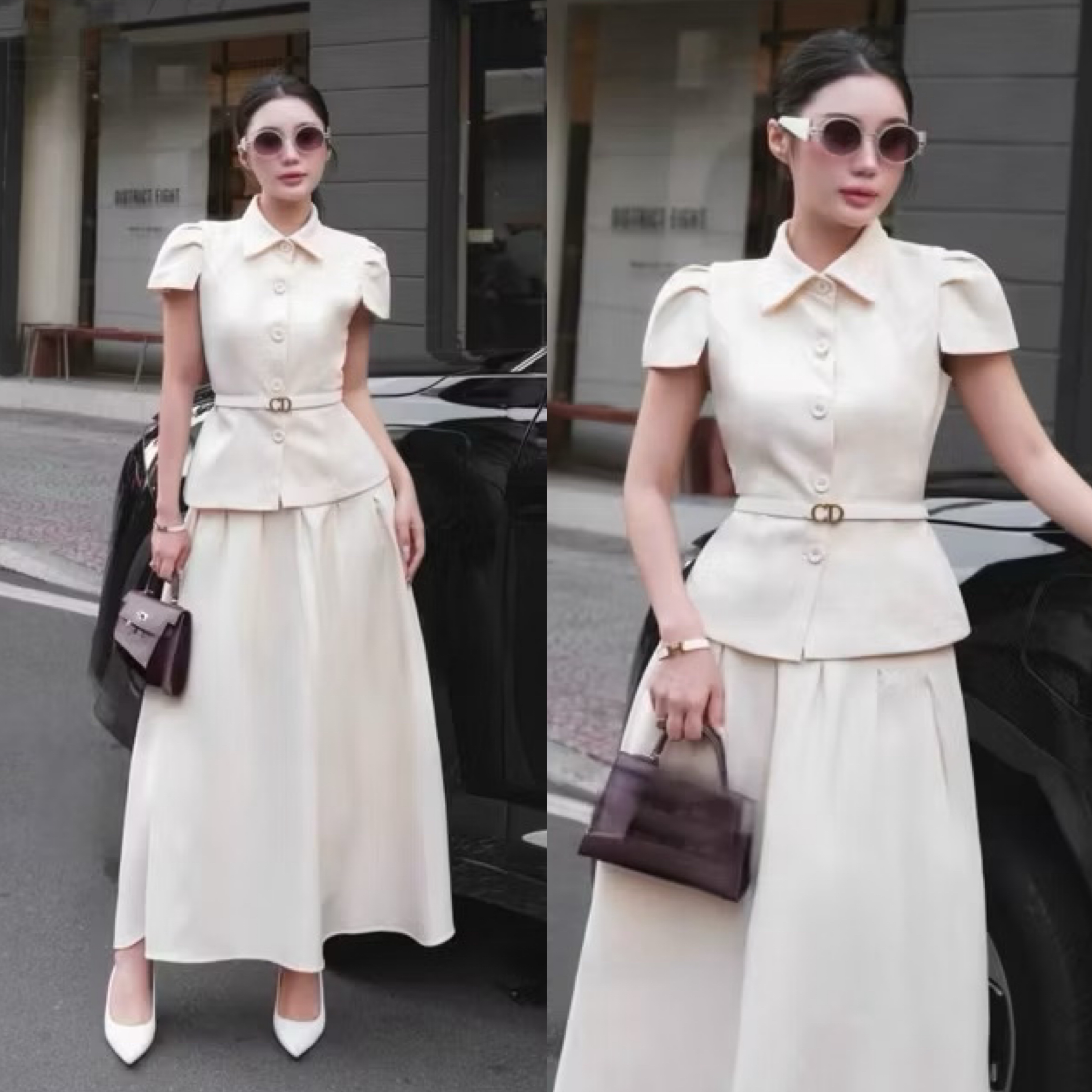 Set 2 ชิ้นเสื้อดีไซน์คอปกแขนสั้น ด้านหน้ามีกระดุมเรียงยาวใช้งานได้จริง ทรงสวย มาคู่กับเข็มขัดสีดำหัวทองใส่ปรับเข้ารูปให้ทรงสวย และมาพร้อมกับกระโปรงยาวจับจีบใหญ่พริ้วรอบตัว มีซิปข้าง ใส่สบาย : สินค้าคุณภาพ (พร้อมส่ง)