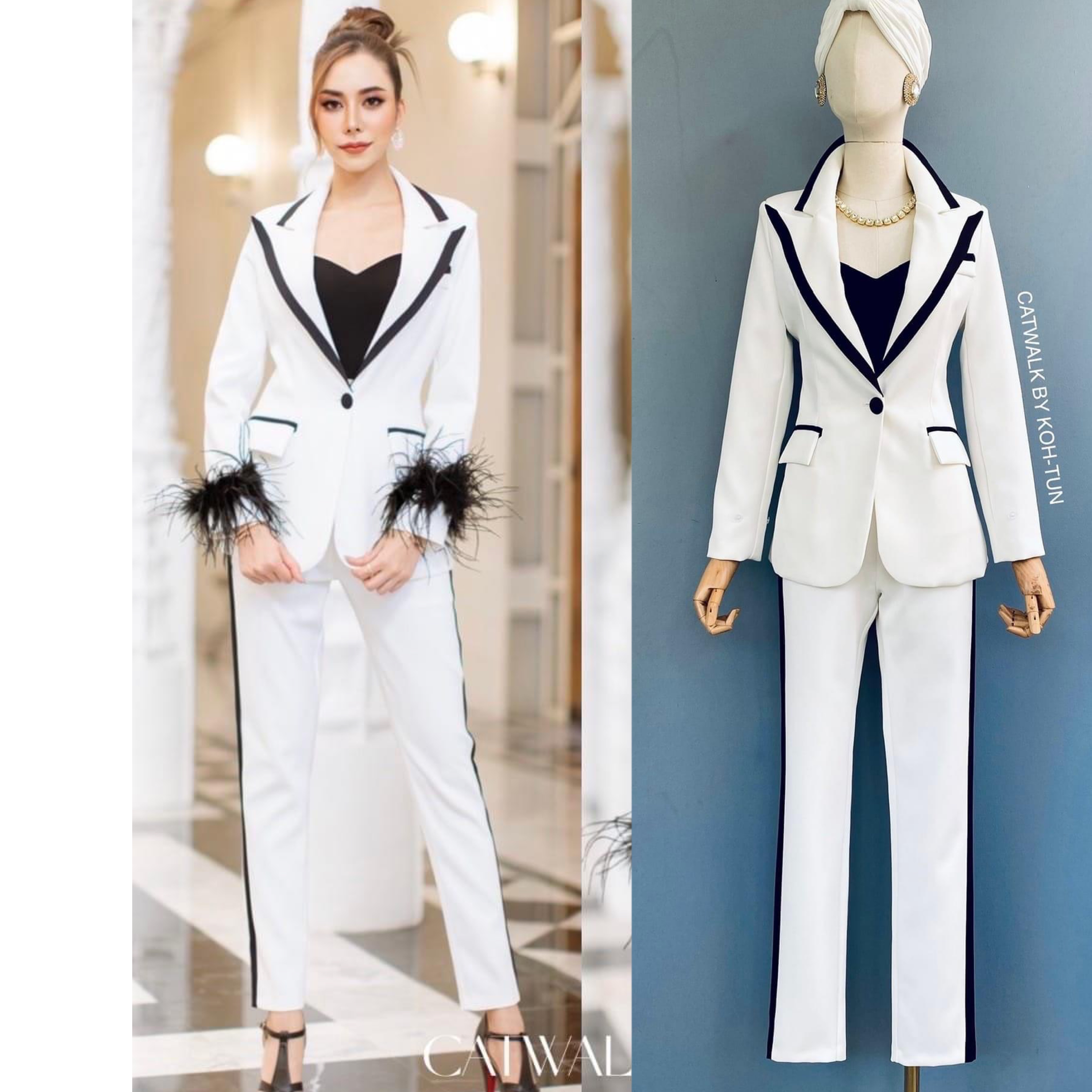 เซตBLAZERทูโทนแต่งขนนกแขน (ถอนได้)เนื้อผ้าเกรดเอ เนื้อนุ่มทิ้งตัว ตัวBLAZERเป็นทรงเข้ารูป แต่งขอบปกและขอบกระเป๋า คู่กับกางเกงเอวสูงขายาว ทรงขากระบอกเล็ก สินค้าคุณภาพ (พร้อมส่ง)