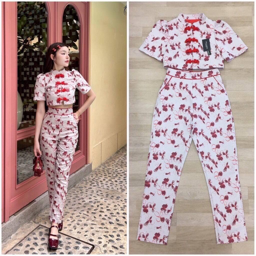 เซตกี่เพ้า เสื้อตรุษจีนแขนสั้น คอจีน มาพร้อมกางเกงขายาวเข้าชุด ใส่สวยน่ารักมากๆ ใส่สบาย : สินค้าคุณภาพ (พร้อมส่ง)