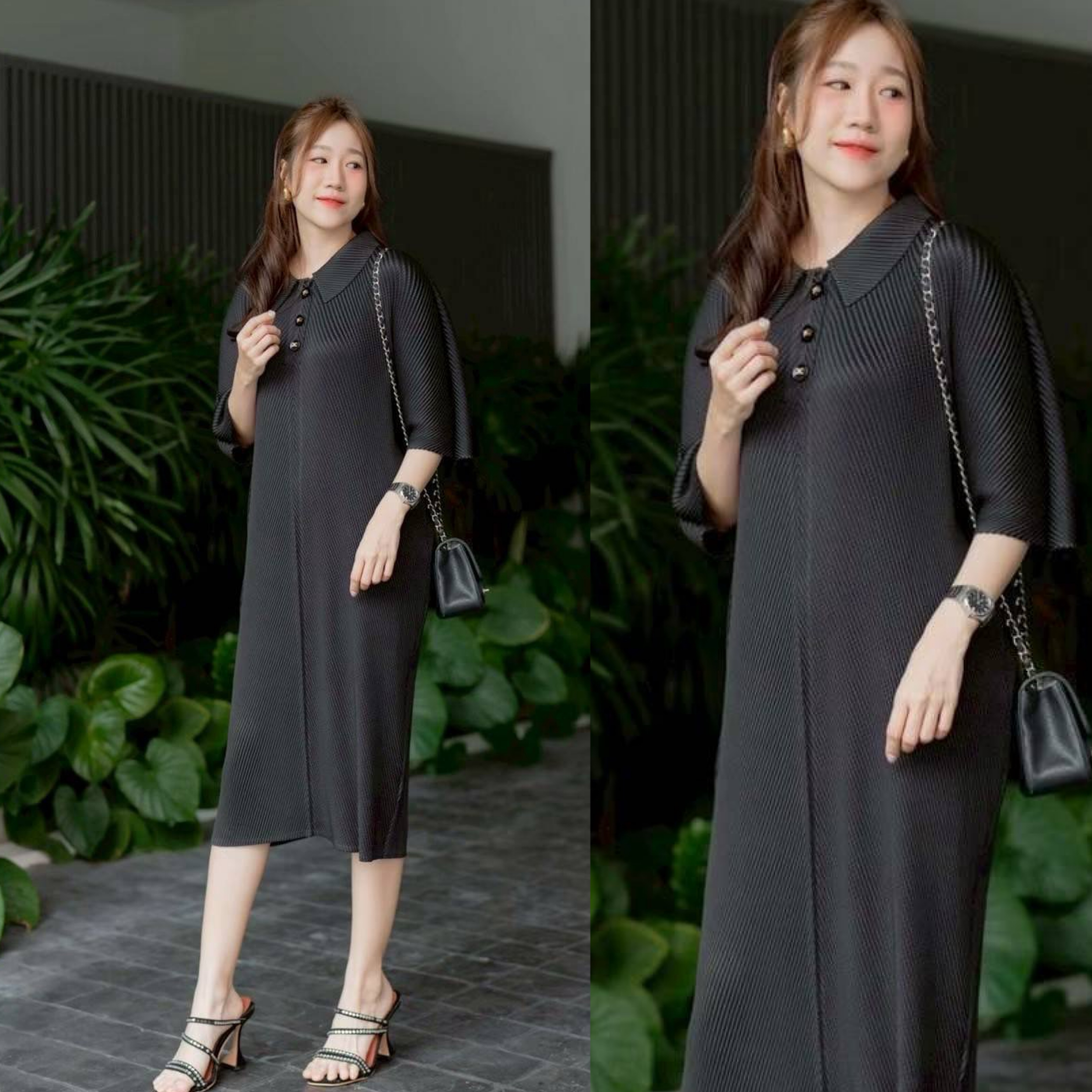 เดรสพลีท คอปก ทรงแขน 4 ส่วน แต่งกระดุมสีทองช่วงคอปก เพิ่มความ แกรม ⚜️⚜️ความยาวกำลังดี อัดพลีทลายเกลียวเชือก 🥨 ใส่สบาย : สินค้าคุณภาพ (พร้อมส่ง)