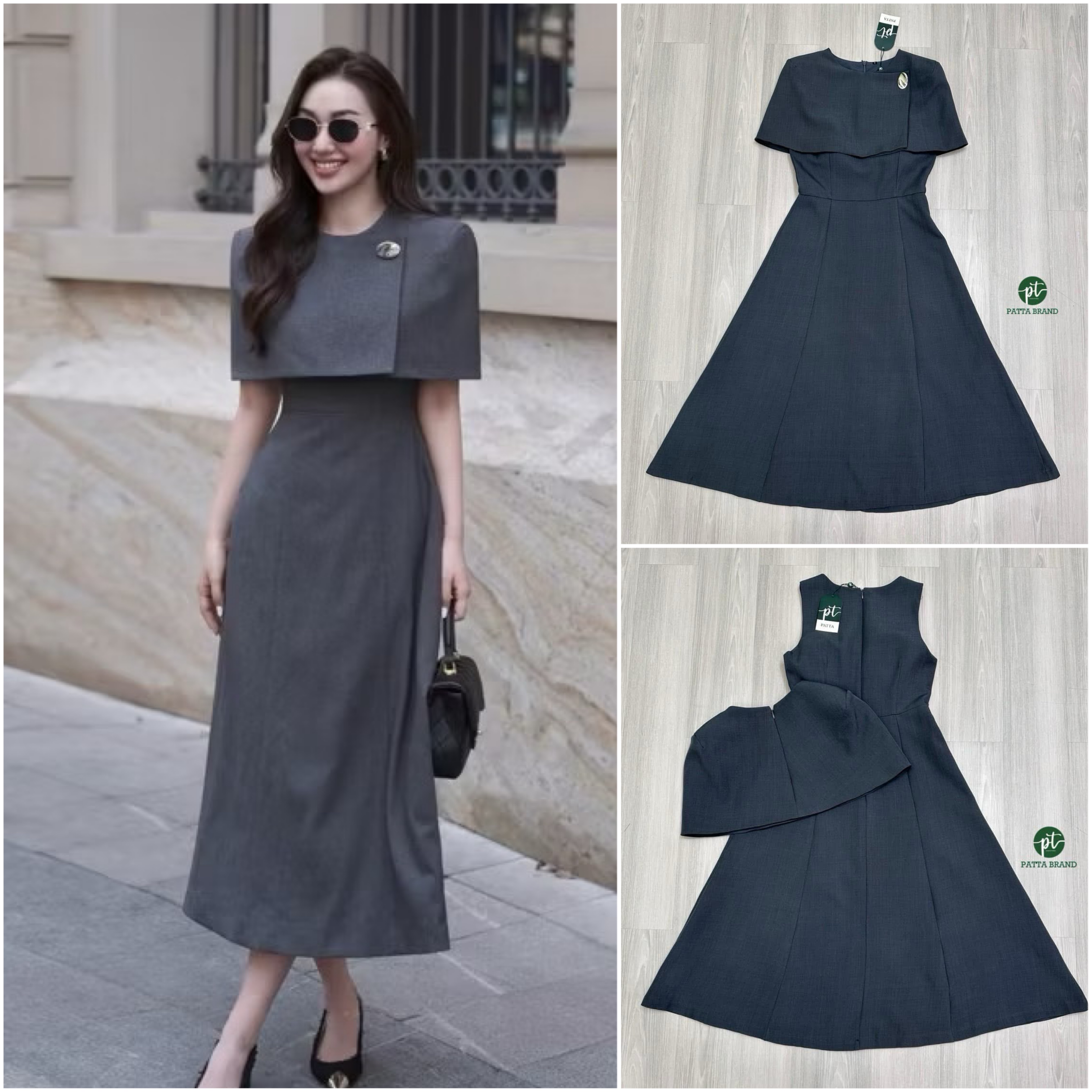 เซต2ชิ้น สีเทา เดรสยาวแขนกุด อกเย็บเสริมฟองน้ำให้ทรงสวย และดีไซน์ (งานซิปหลัง) มาพร้อมเสื้อคลุมไหล่ดีไซน์สวยอกเย็บติดอะไหล่เงิน สวยหรู (มีซิปหลัง)เย็บซับในอย่างดี ใส่สบาย : สินค้าคุณภาพ (พร้อมส่ง)