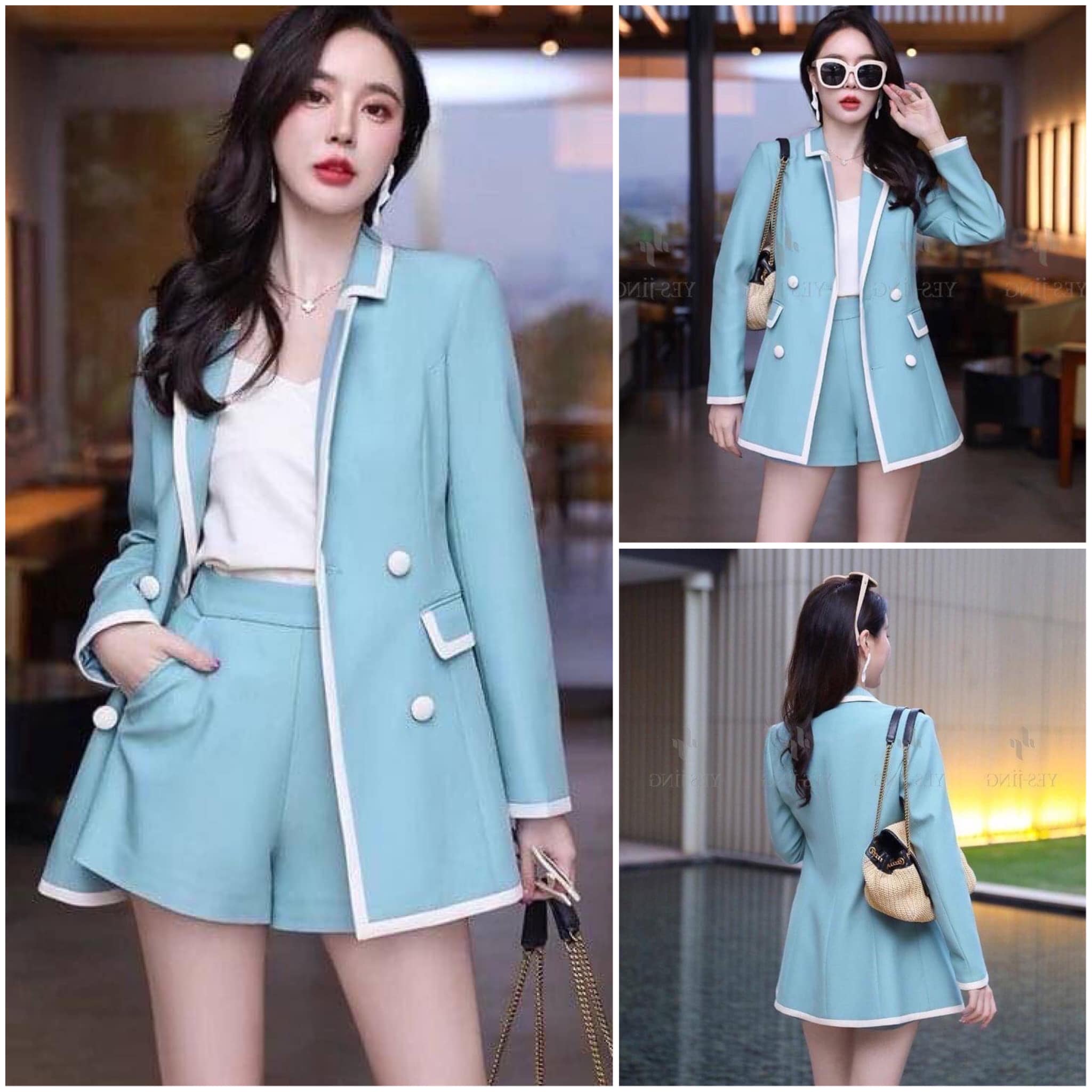 เซ็ต 3 ชิ้น เสื้อสูทแขนยาวสีฟ้าเย็บกุ๊น ขอบสีขาว มาพร้อมเสื้อยืดสีขาว สายเดี่ยว แมทช์คู่กับกางเกงขาสั้นเอวสูงงานซิป ด้านหลัง สินค้าคุณภาพ (พร้อมส่ง)