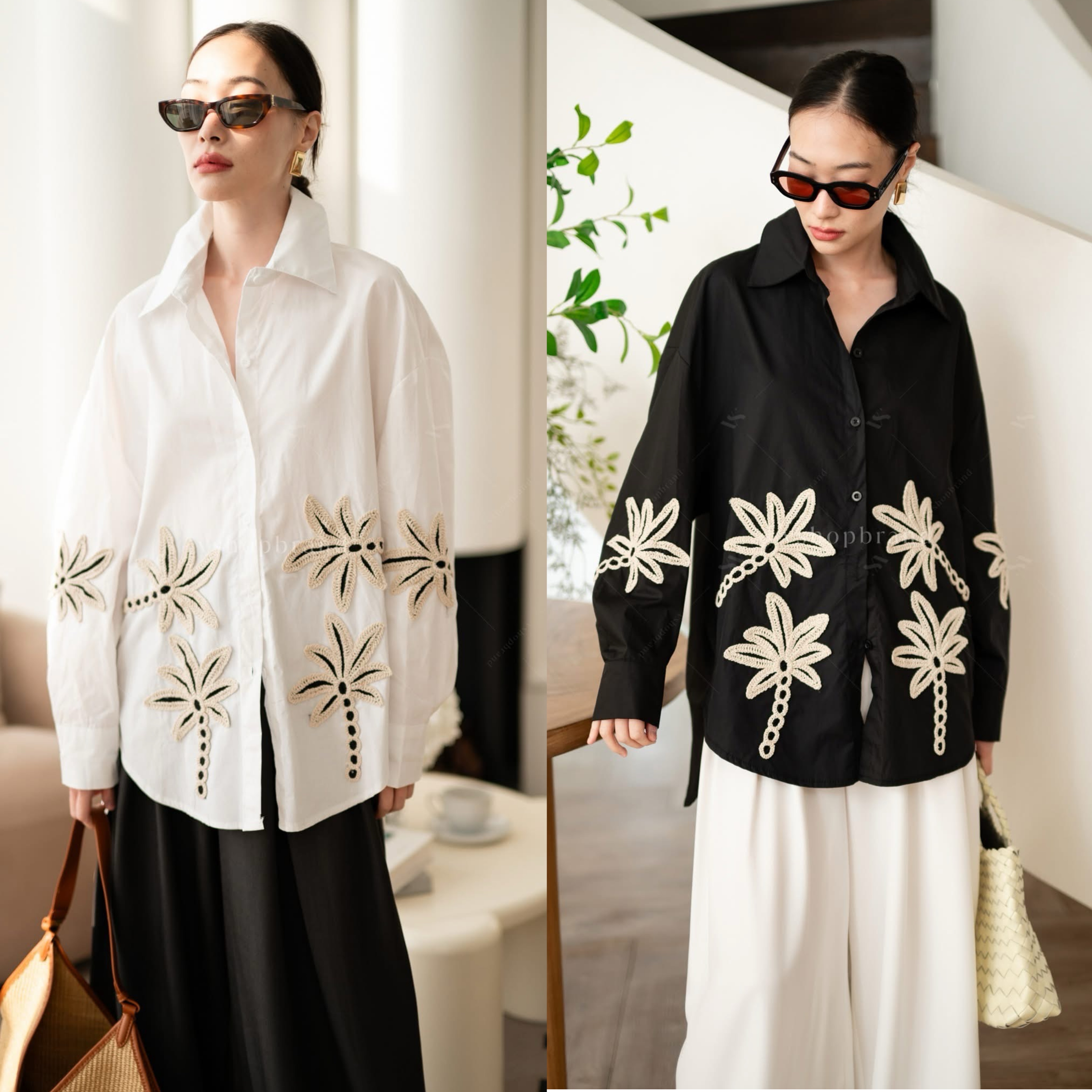 เชิ้ตแขนยาวผ้าพื้นปักต้นมะพร้าว ใส่สบาย : สินค้าคุณภาพ (พร้อมส่ง)