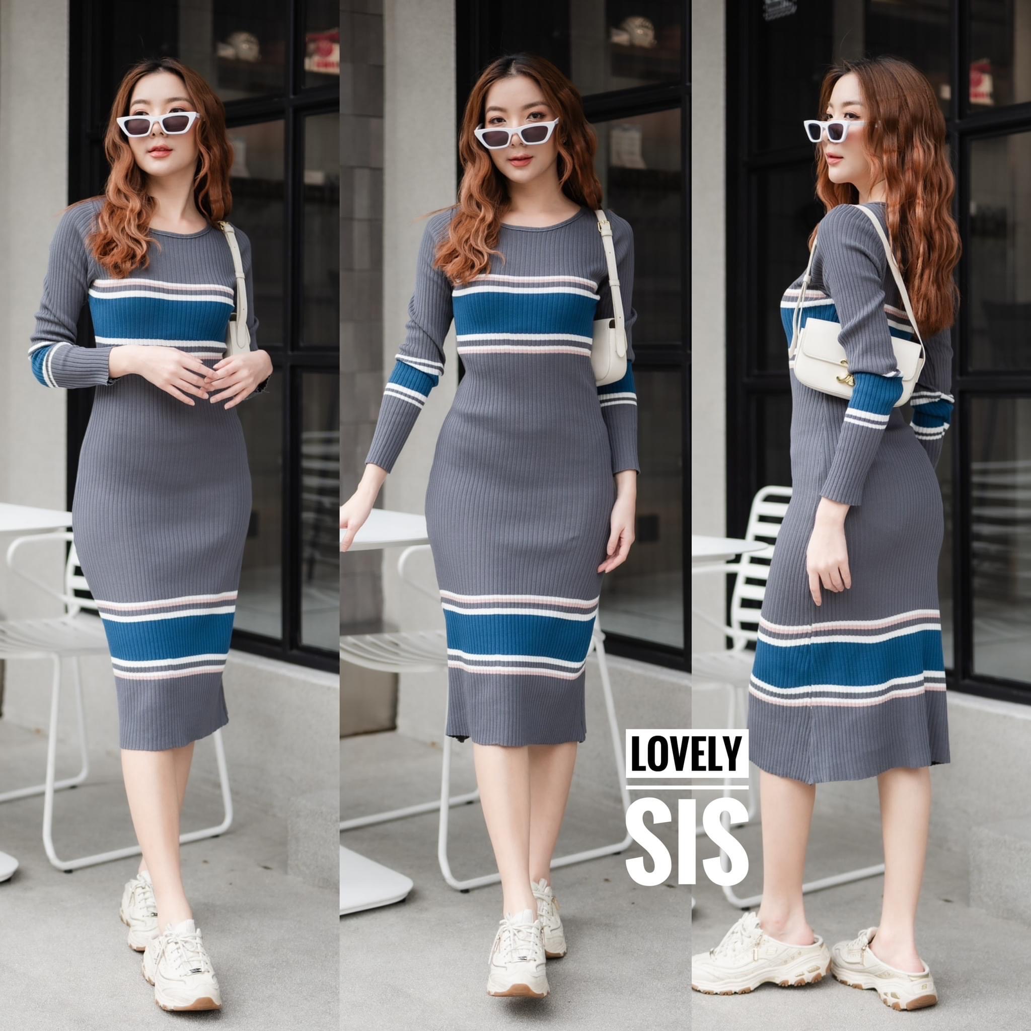 เดรสผ้า knit แขนยาว งานทอร่องแต่งสลับสี ใส่สบาย. สินค้าคุณภาพ (พร้อมส่ง)