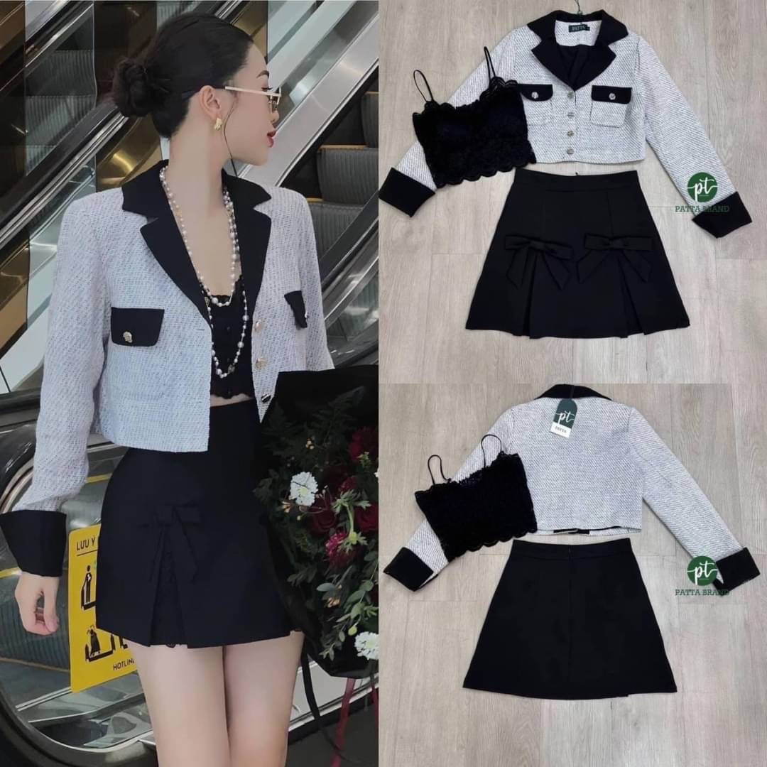 set3ชิ้น เสื้อคลุมแขนยาว มีกระดุมหน้าใช้งานได้จริง +เสื้อครอปลูกไม้สีดำตัวใน อกเสริมฟองน้ำให้ทรงสวยผ้ายืดได้ตามตัว(สวมหัว) +กระโปรงสั้นสีดำ ใส่สบาย สินค้าคุณภาพ (พร้อมส่ง)