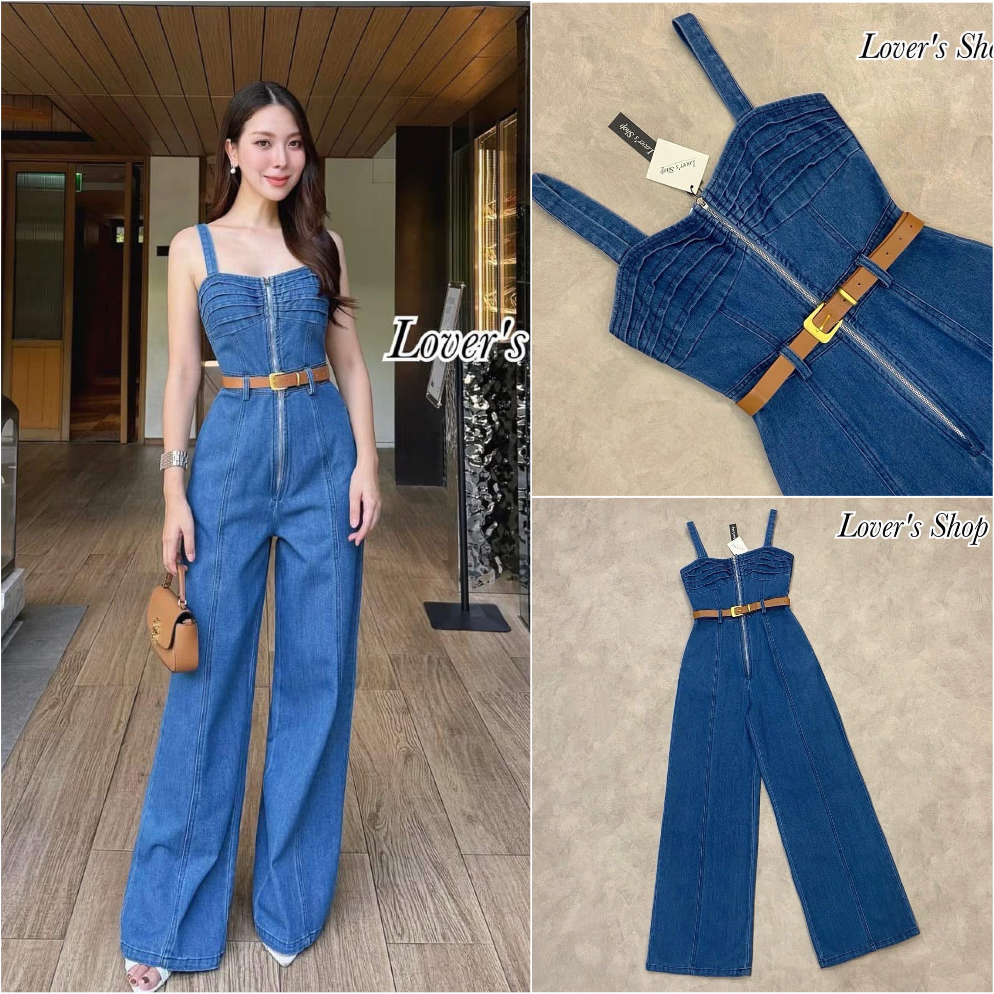 จั้มสูทยีนส์ขายาว มาพร้อมเข็มขัดหนัง ใส่สบาย : สินค้าคุณภาพ (พร้อมส่ง)