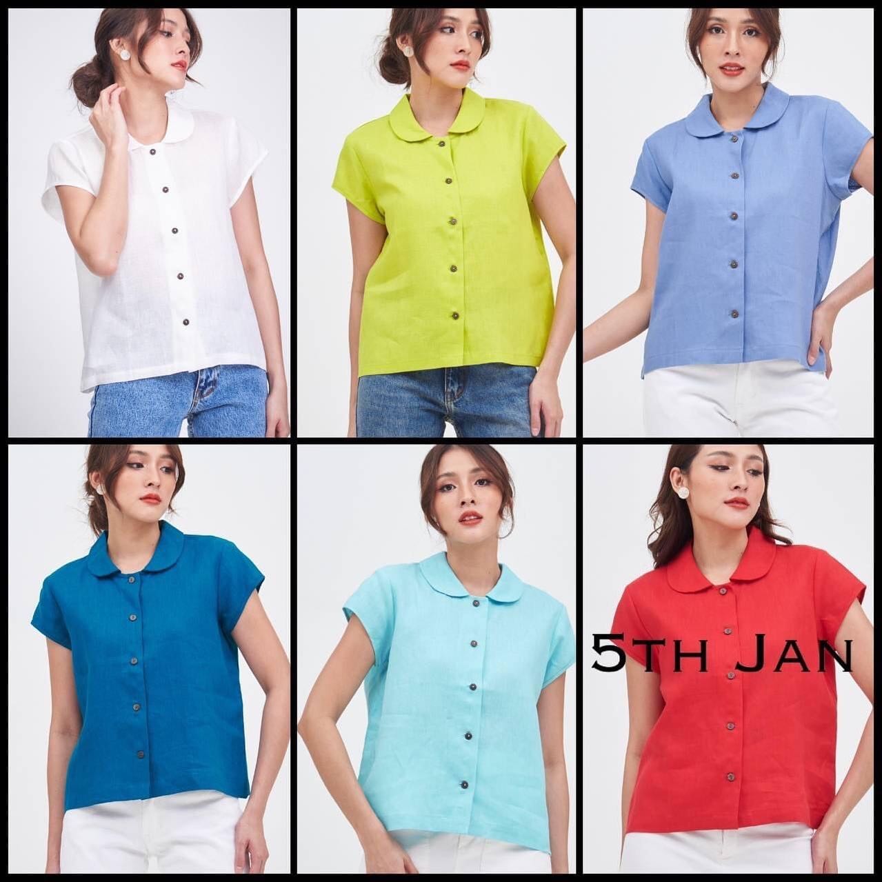 เสื้อเชิ้ต ผ้าพรีเมี่ยมลินิน คอบัว แขนสั้น ทรงหลวม : สินค้าคุณภาพ (พร้อมส่ง)