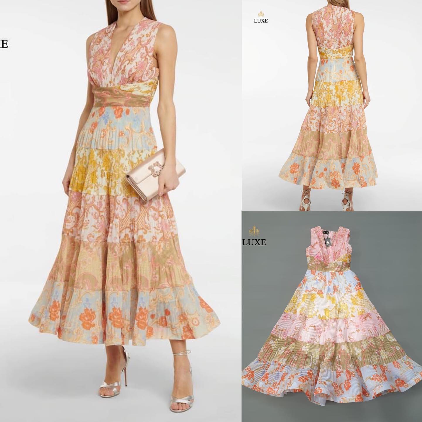 เดรสเสื้อคอวีแขนกุด กระโปรงบาน ทำจากผ้าเครปพิมพ์ลาย ลูกเล่นต่อผ้า เป็นชั้น อัดพลีทลูกฟูก สีสันพาสเทล สดใส คัตติ้งดี มีซิปซ่อนและซับใน อย่างดีค่ะ สินค้าคุณภาพ (พร้อมส่ง)