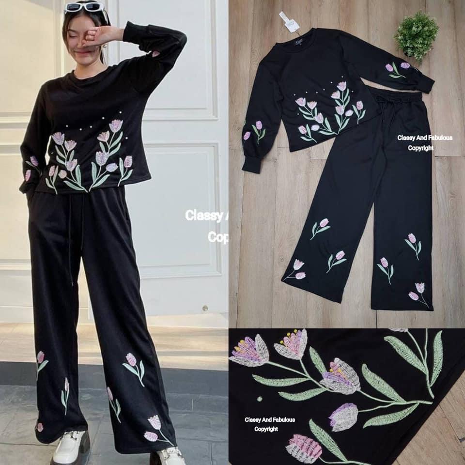 เซตเสื้อวอร์มแขนยาว+กางเกงวอร์ม ขายาว เสื้อวอร์มคอกลม แขนยาว ดีเทลงานปัก ลายดอกไม้น่ารัก ๆ ปลายแขนจั๊ม ใส่สบาย : สินค้าคุณภาพ (พร้อมส่ง)