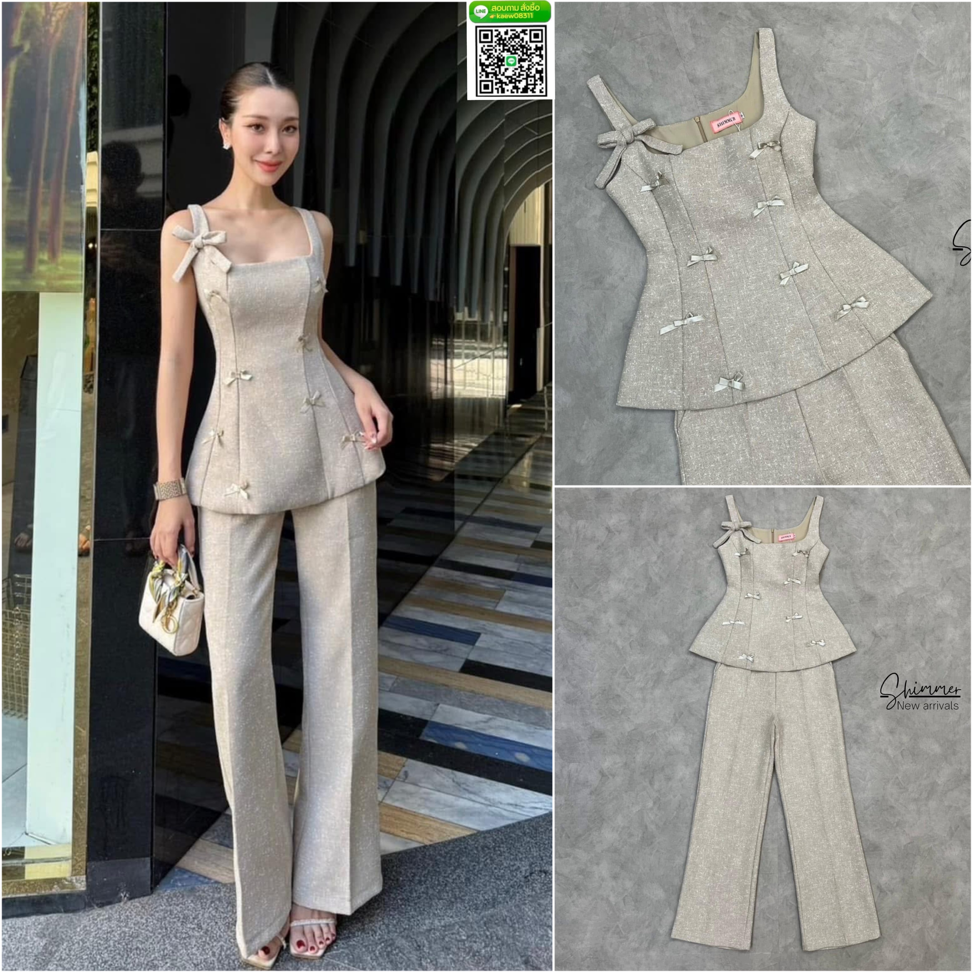 เซตเสื้อแต่งโบว์และกางเกงขายาว ทรงสวยเนื้อผ้าทวีด ในโทนสีสุดคลาสสิค ใส่สบาย : สินค้าคุณภาพ (พร้อมส่ง)