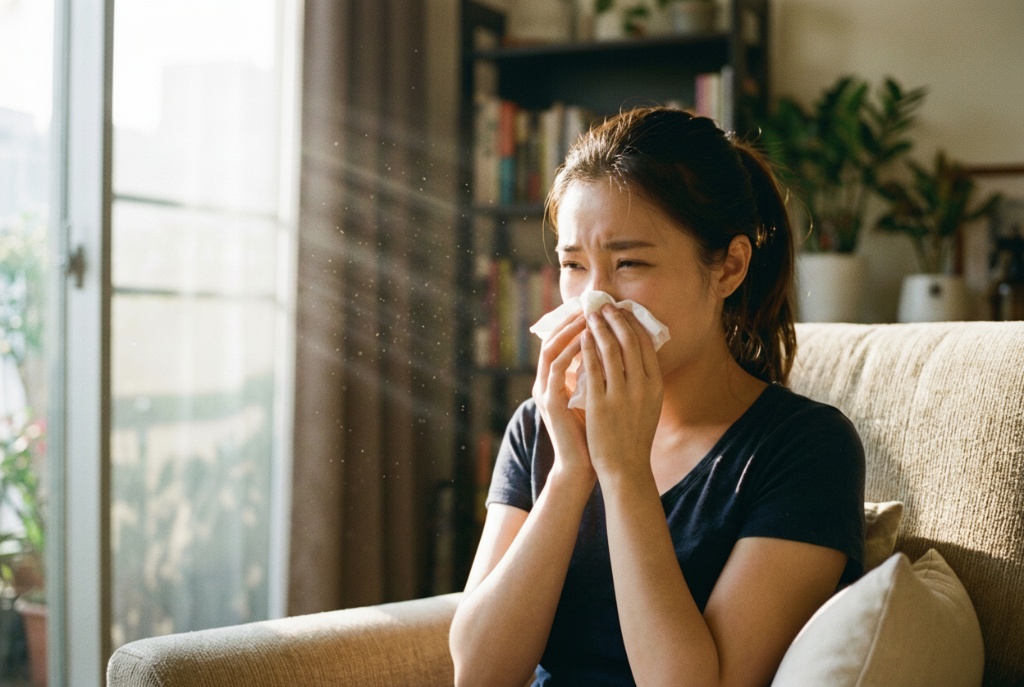 ผู้หญิงมีอาการภูมิแพ้จมูกจากฝุ่น ใช้ทิชชู่เช็ดจมูก
