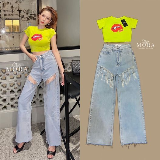 เซ็ตกางเกงยีนสุดเก๋ มีสายห้อยแต่ง ช่วงขาด รุ่นนี้ทรงดีมากกกกก มาพร้อมกับเสื้อ ครอปสีสันเข้ากันสุดๆ : สินค้าคุณภาพ (พร้อมส่ง)