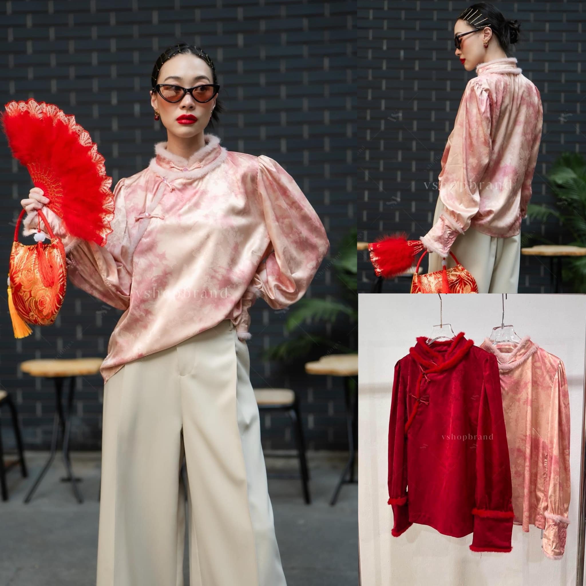 เสื้อกี่เพ้าลายดอกแต้มสี ขอบขน ทรงสวย ใส่สบาย : สินค้าคุณภาพ (พร้อมส่ง)